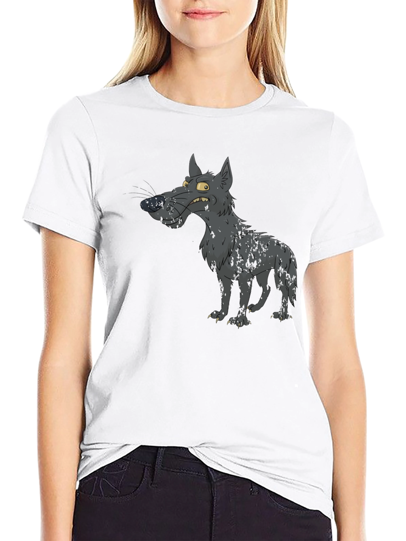 Cartoon Wolf Graphic Print Black T-Shirt