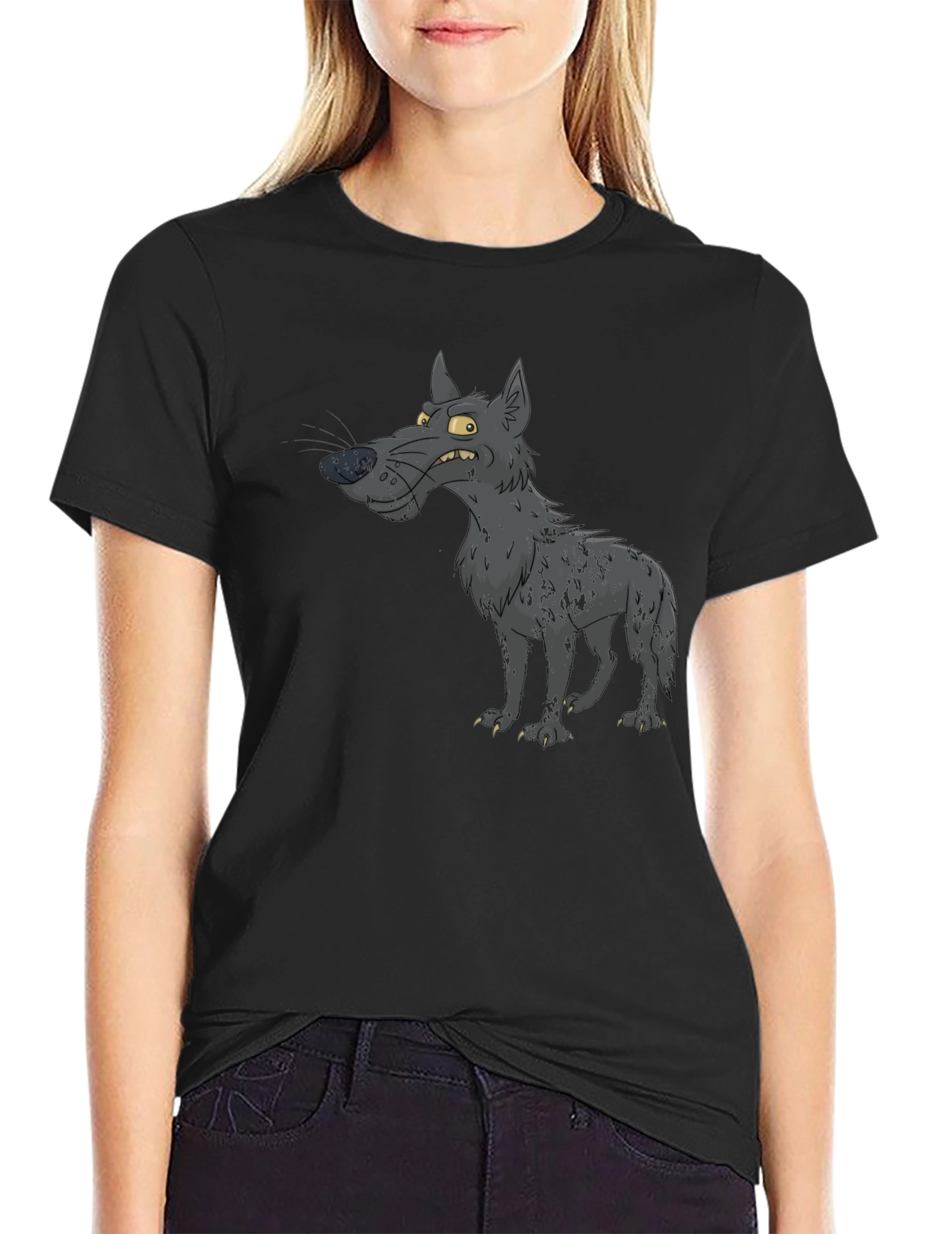 Cartoon Wolf Graphic Print Black T-Shirt