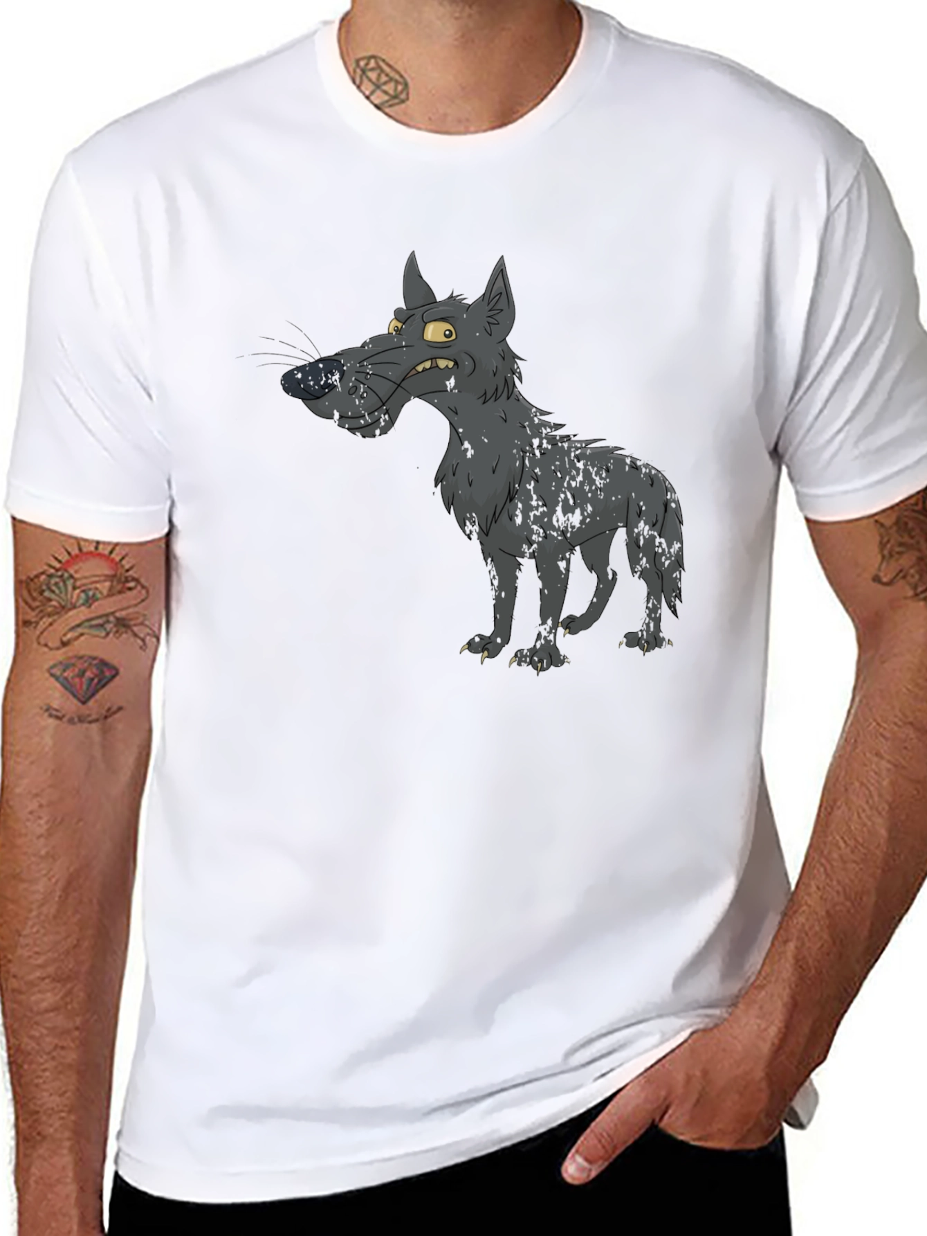 Cartoon Wolf Graphic Print Black T-Shirt