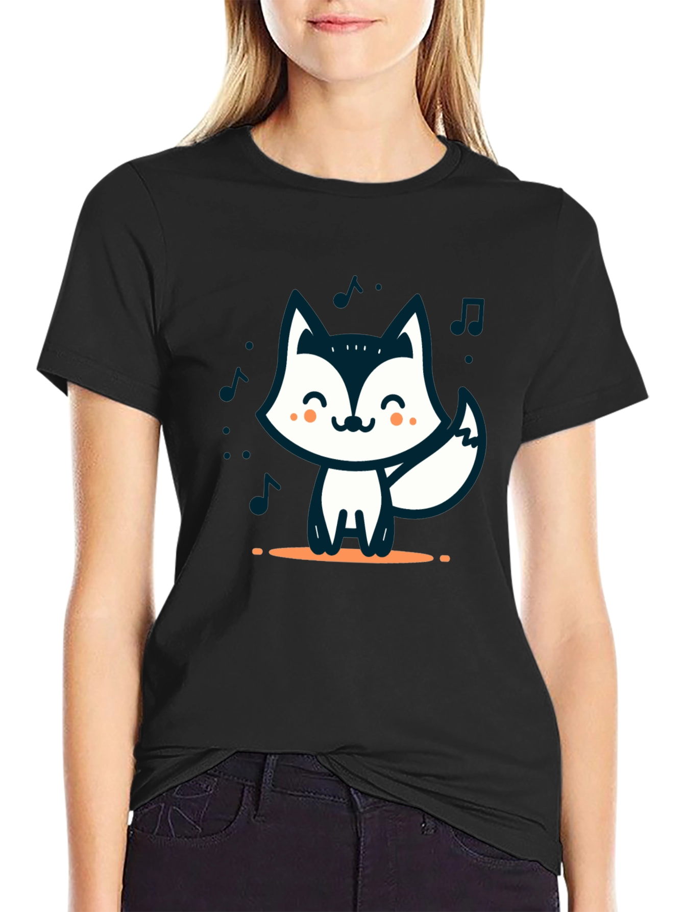 Cute Cartoon Fox T-Shirt - Black
