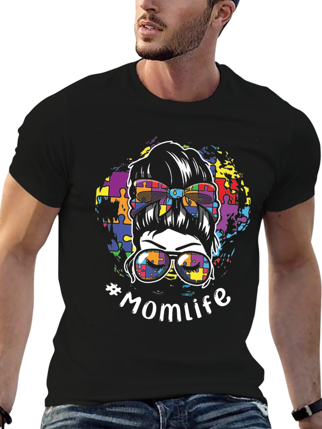 Autism Awareness Momlife Messy Bun Graphic T-Shirt