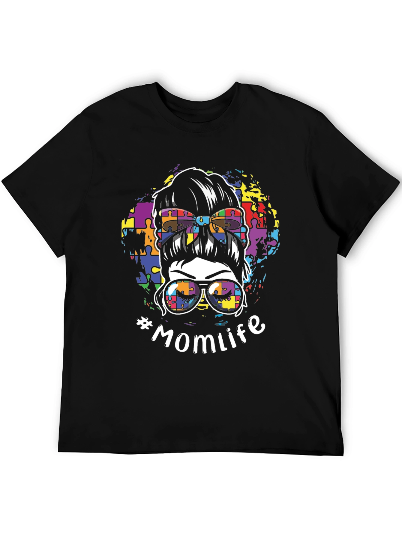Autism Awareness Momlife Messy Bun Graphic T-Shirt