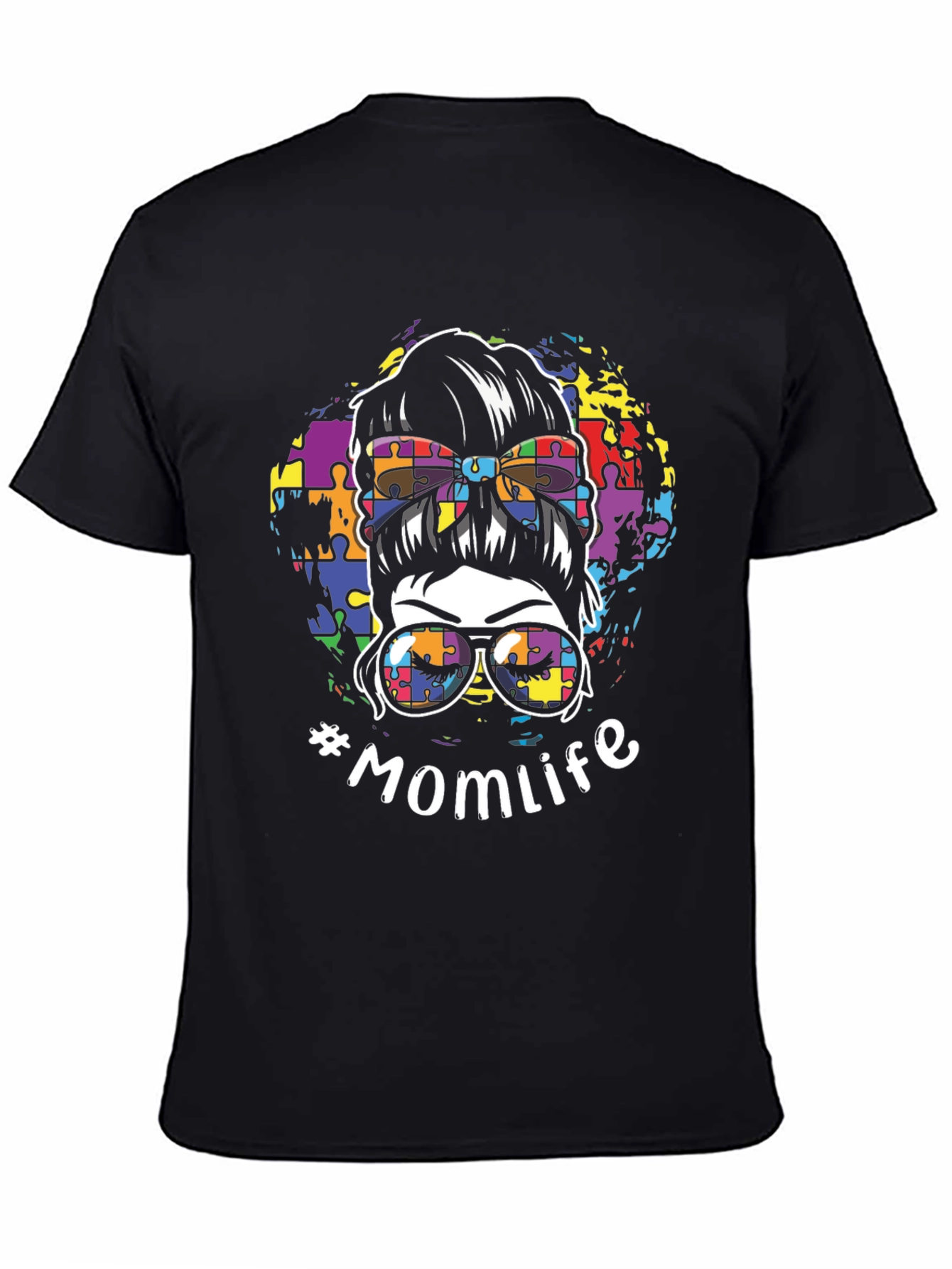 Autism Awareness Momlife Messy Bun Graphic T-Shirt