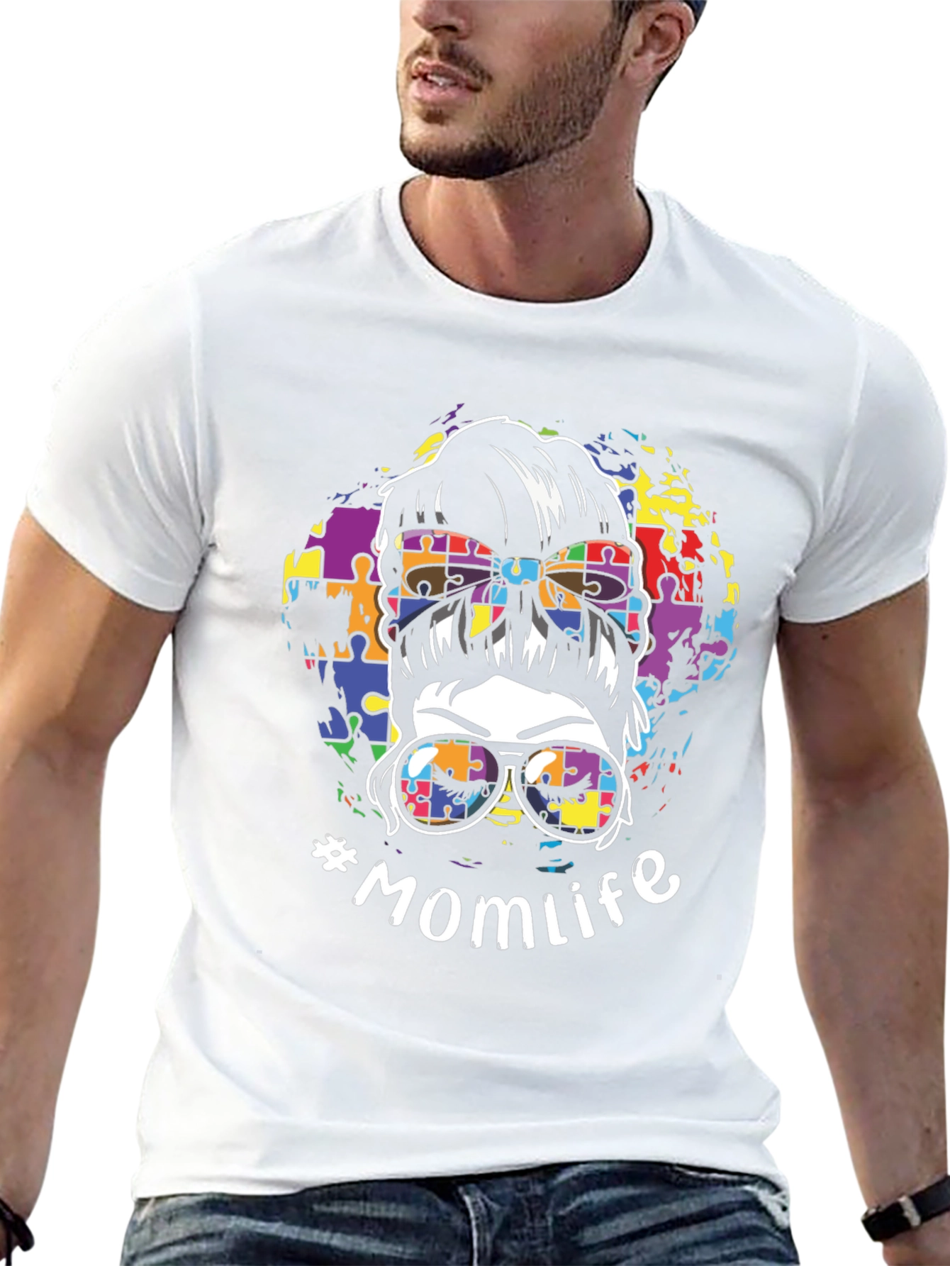 Autism Awareness Momlife Messy Bun Graphic T-Shirt