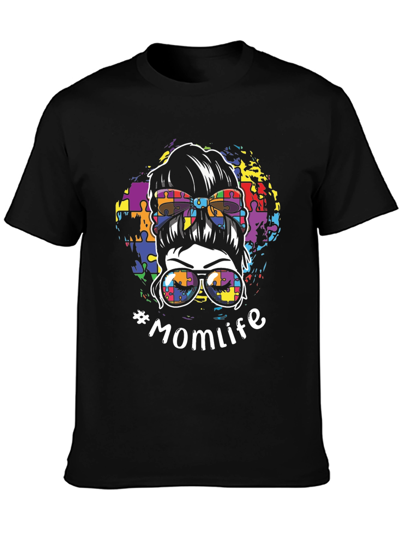 Autism Awareness Momlife Messy Bun Graphic T-Shirt