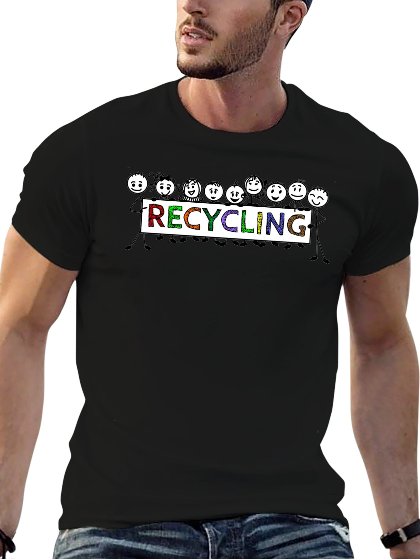 Recycling People Graphic Tee - Black Cotton T-Shirt