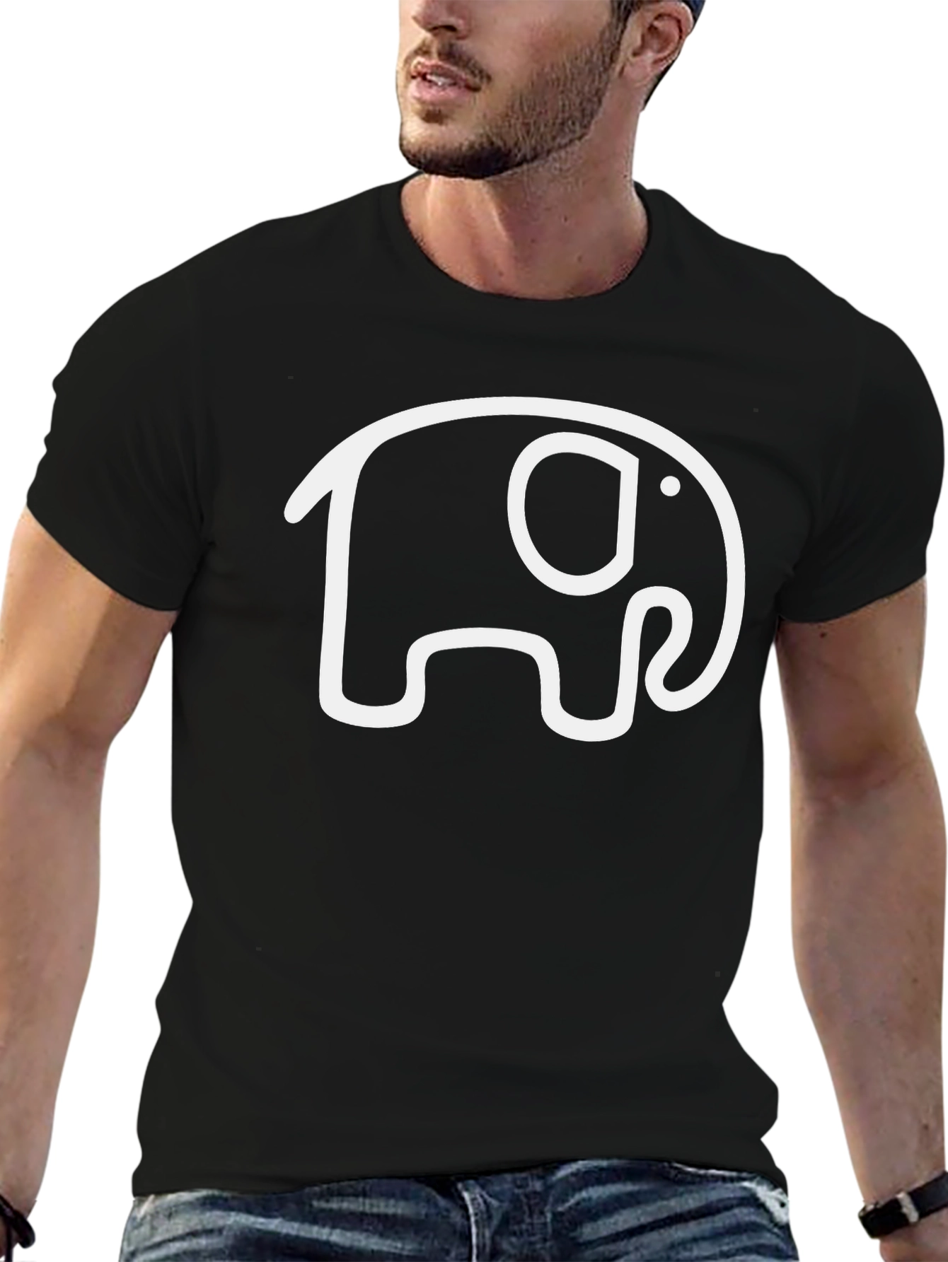 Elephant Outline Graphic Tee - Casual Black T-Shirt