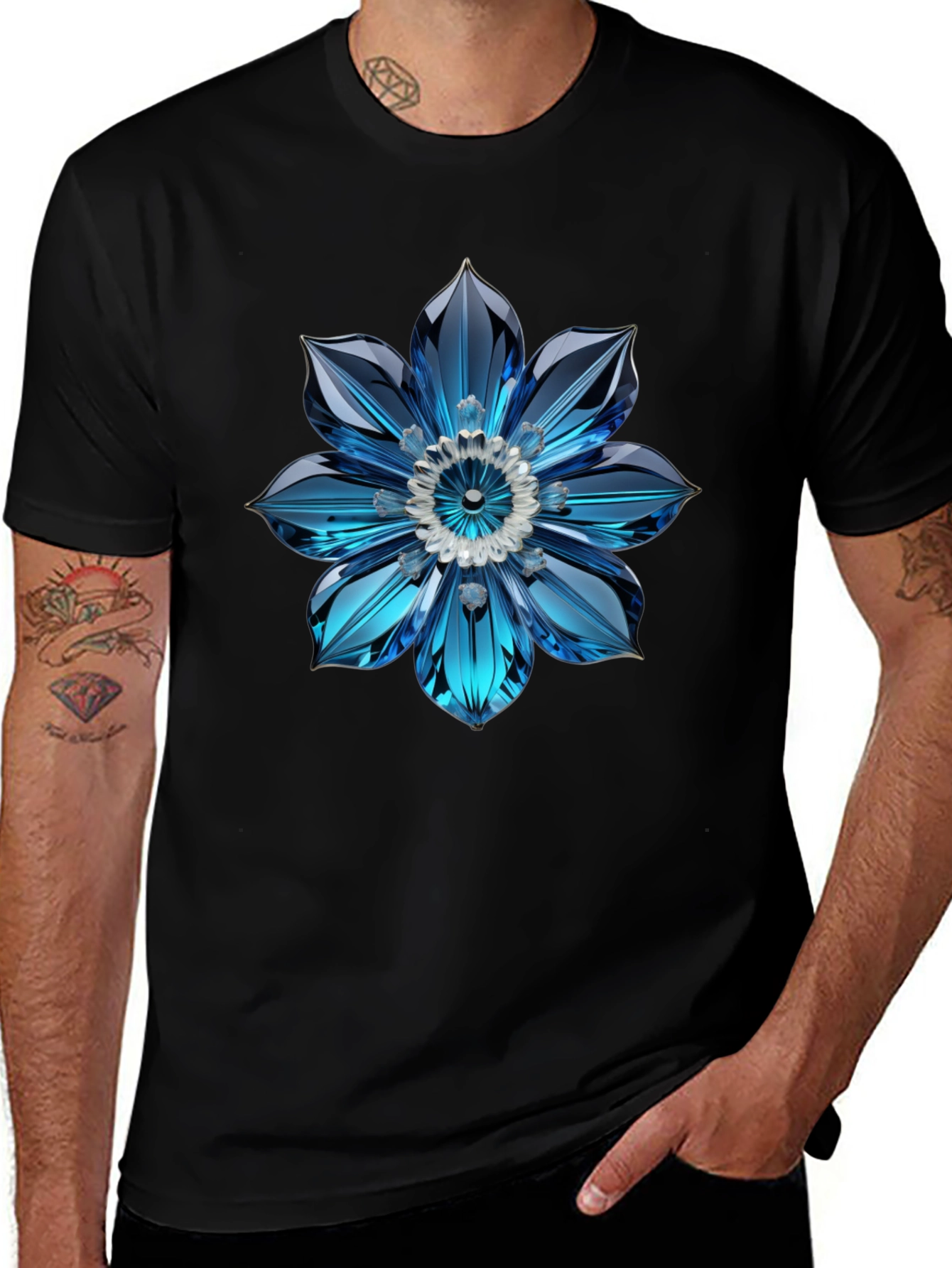 Mens Black T-Shirt with Blue Crystal Flower Design