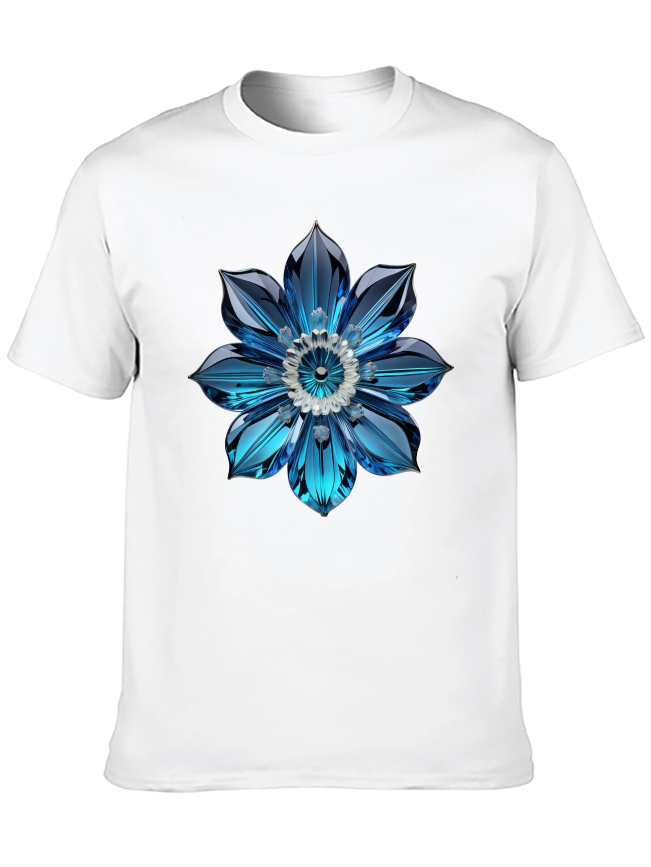 Mens Black T-Shirt with Blue Crystal Flower Design