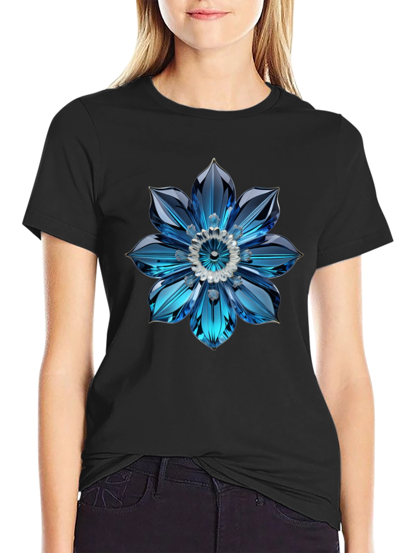 Mens Black T-Shirt with Blue Crystal Flower Design