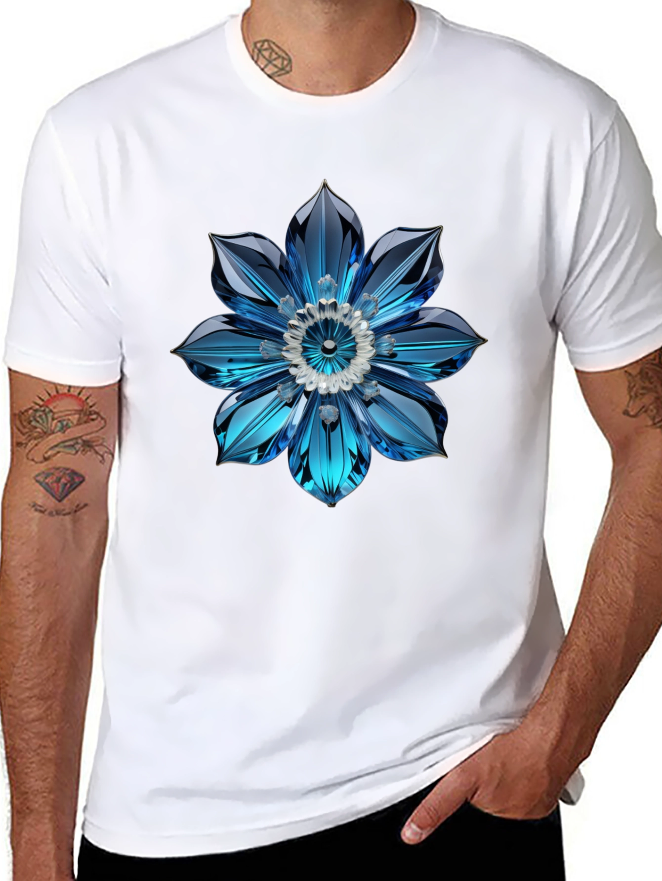 Mens Black T-Shirt with Blue Crystal Flower Design