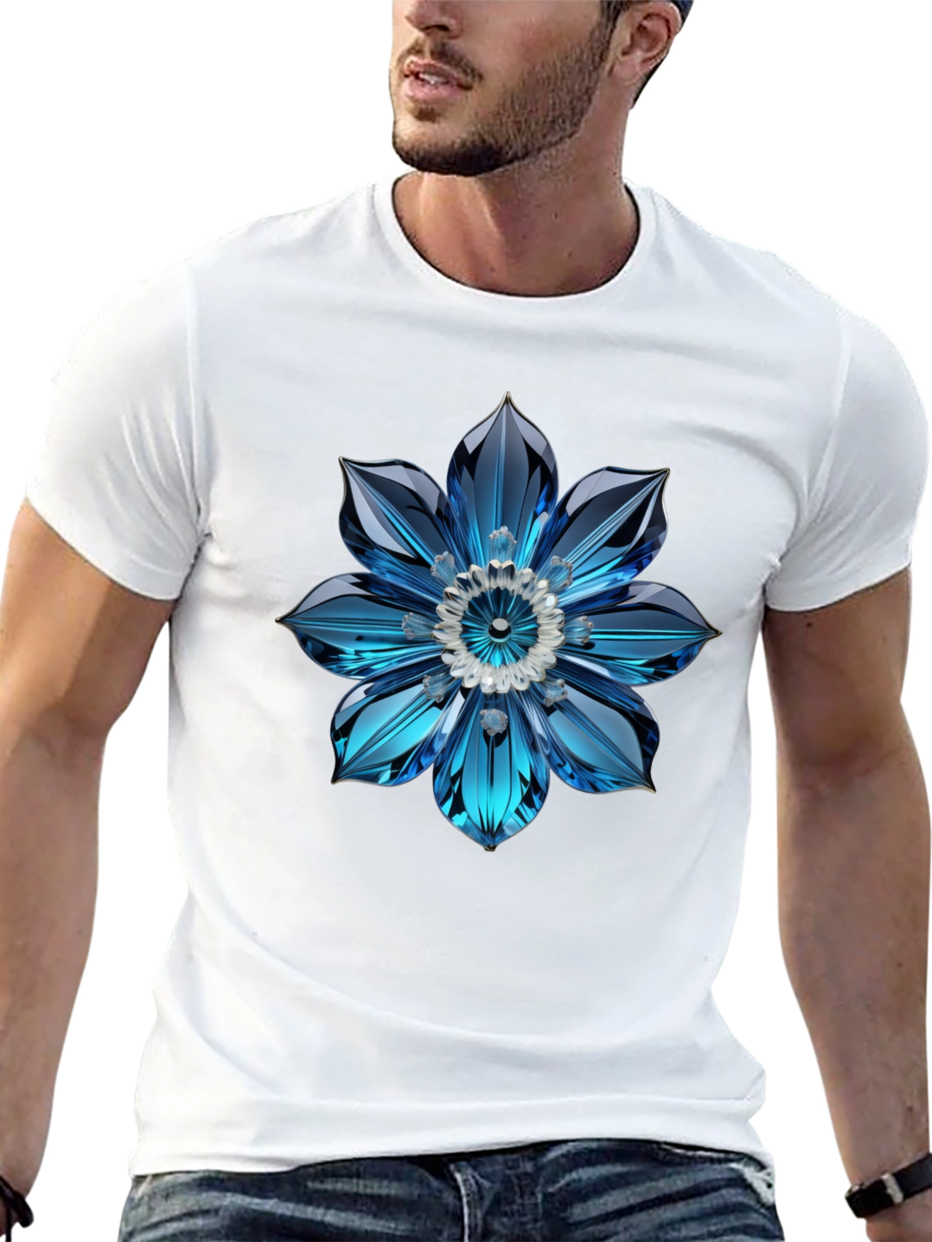 Mens Black T-Shirt with Blue Crystal Flower Design