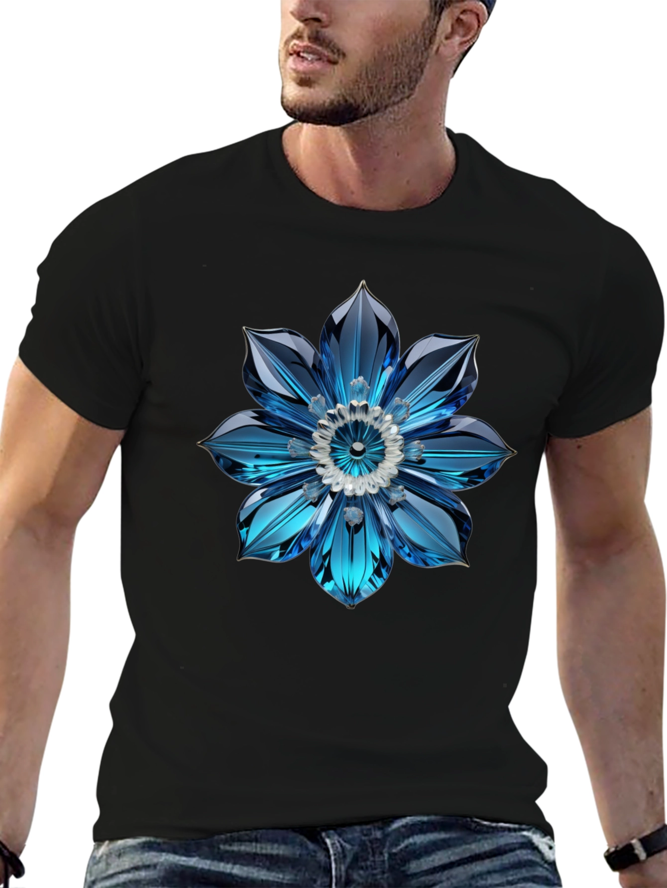 Mens Black T-Shirt with Blue Crystal Flower Design