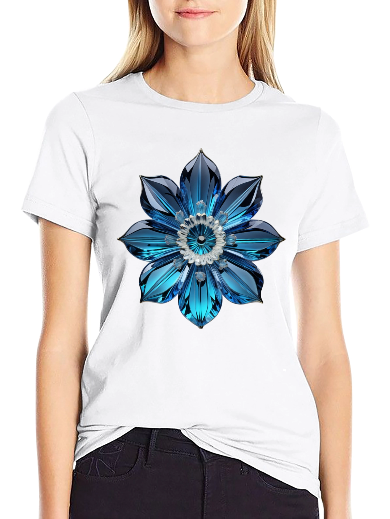 Mens Black T-Shirt with Blue Crystal Flower Design