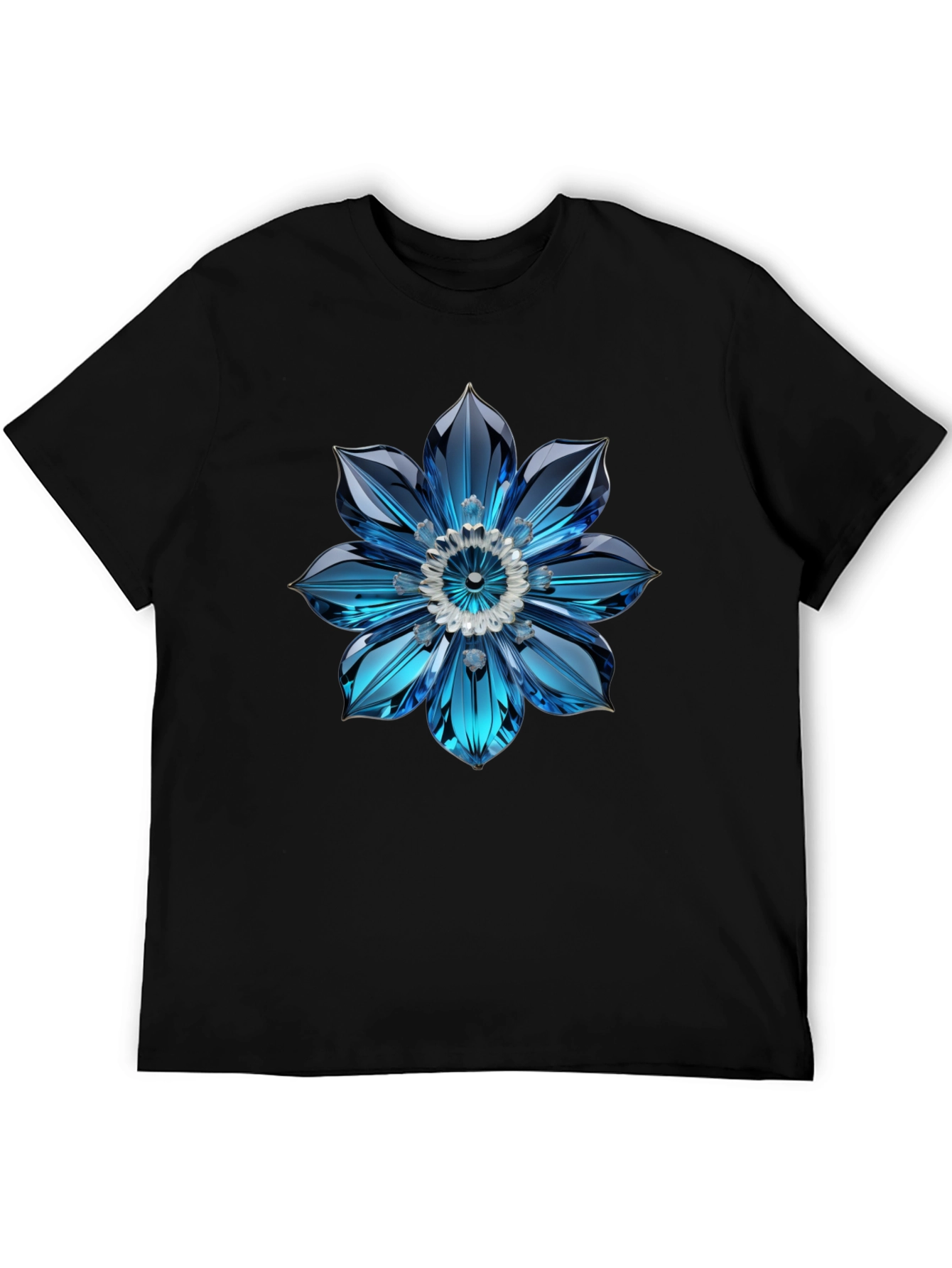 Mens Black T-Shirt with Blue Crystal Flower Design