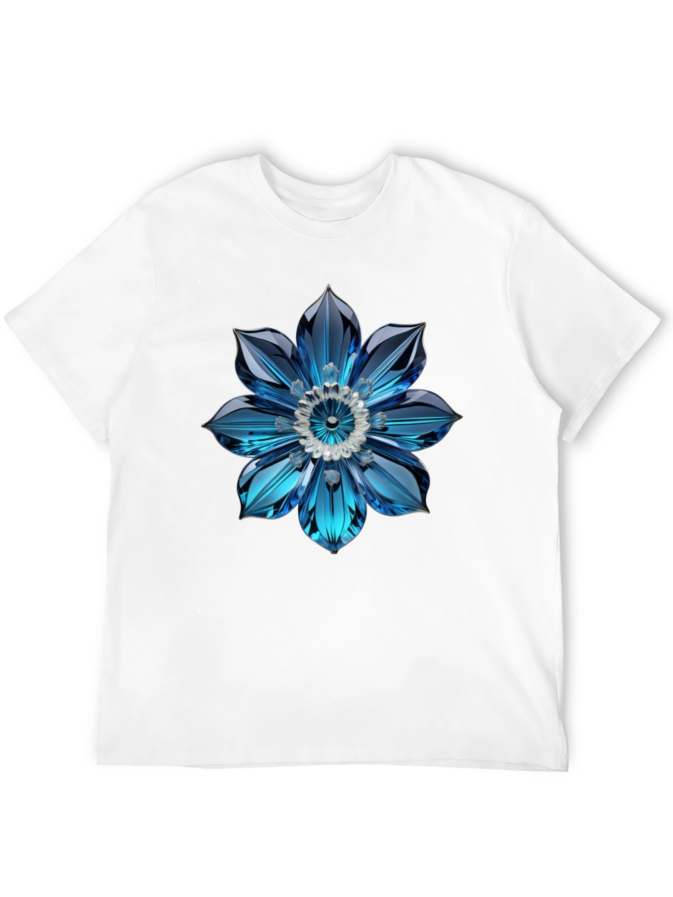 Mens Black T-Shirt with Blue Crystal Flower Design