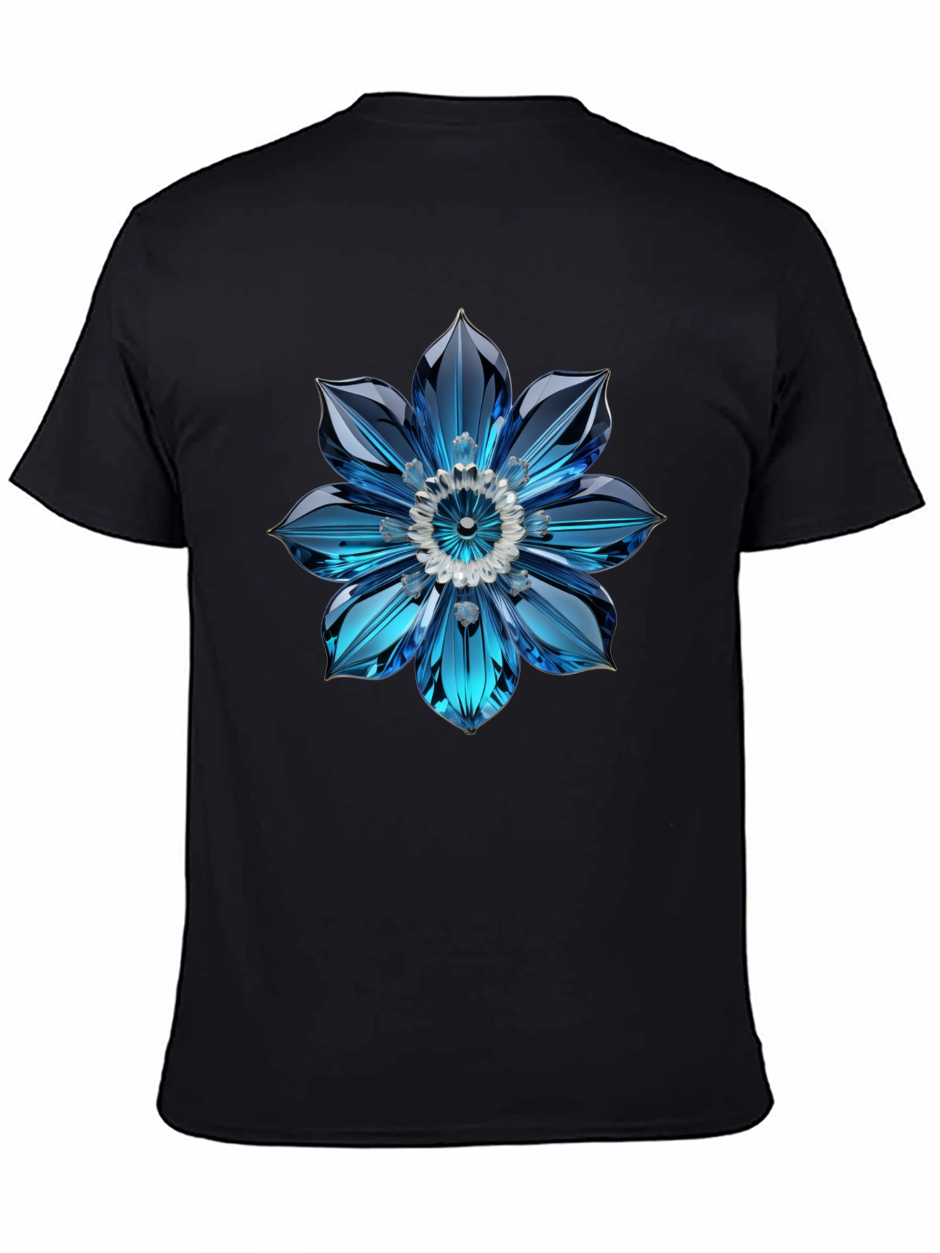 Mens Black T-Shirt with Blue Crystal Flower Design