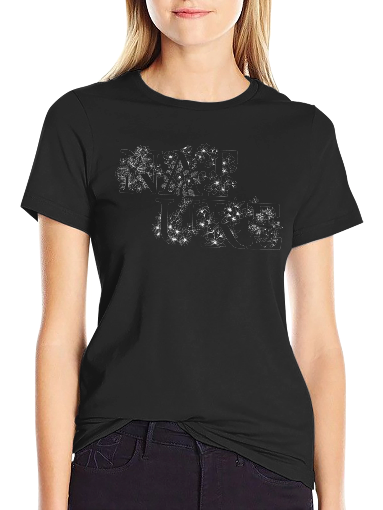 Mens Black Cotton T-Shirt with Floral Lettering