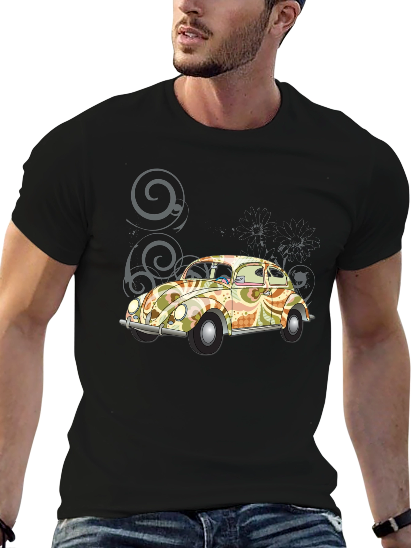 Retro VW Beetle Graphic Tee - Black Cotton T-Shirt