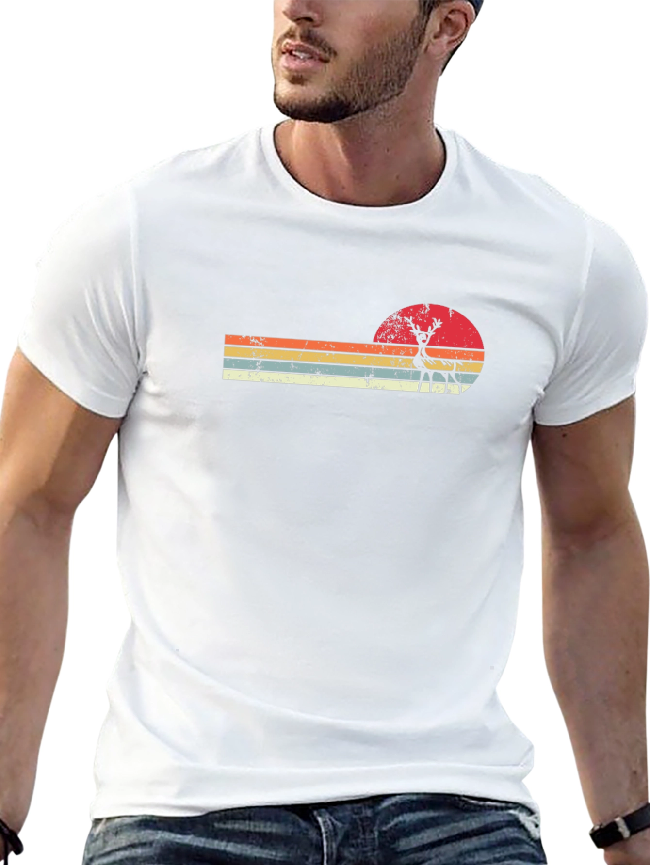 Retro Sunset Deer Graphic Tee - Black