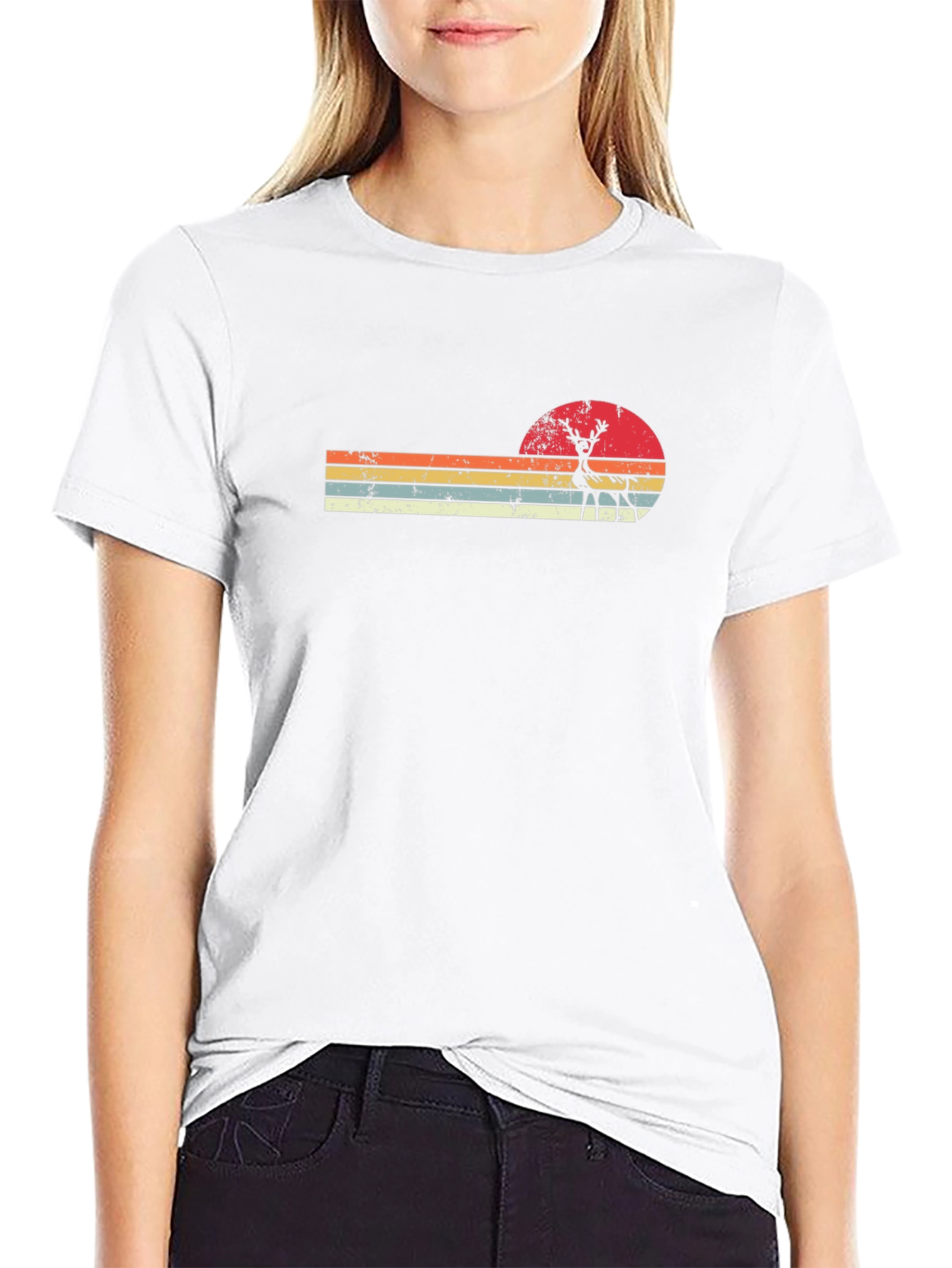 Retro Sunset Deer Graphic Tee - Black