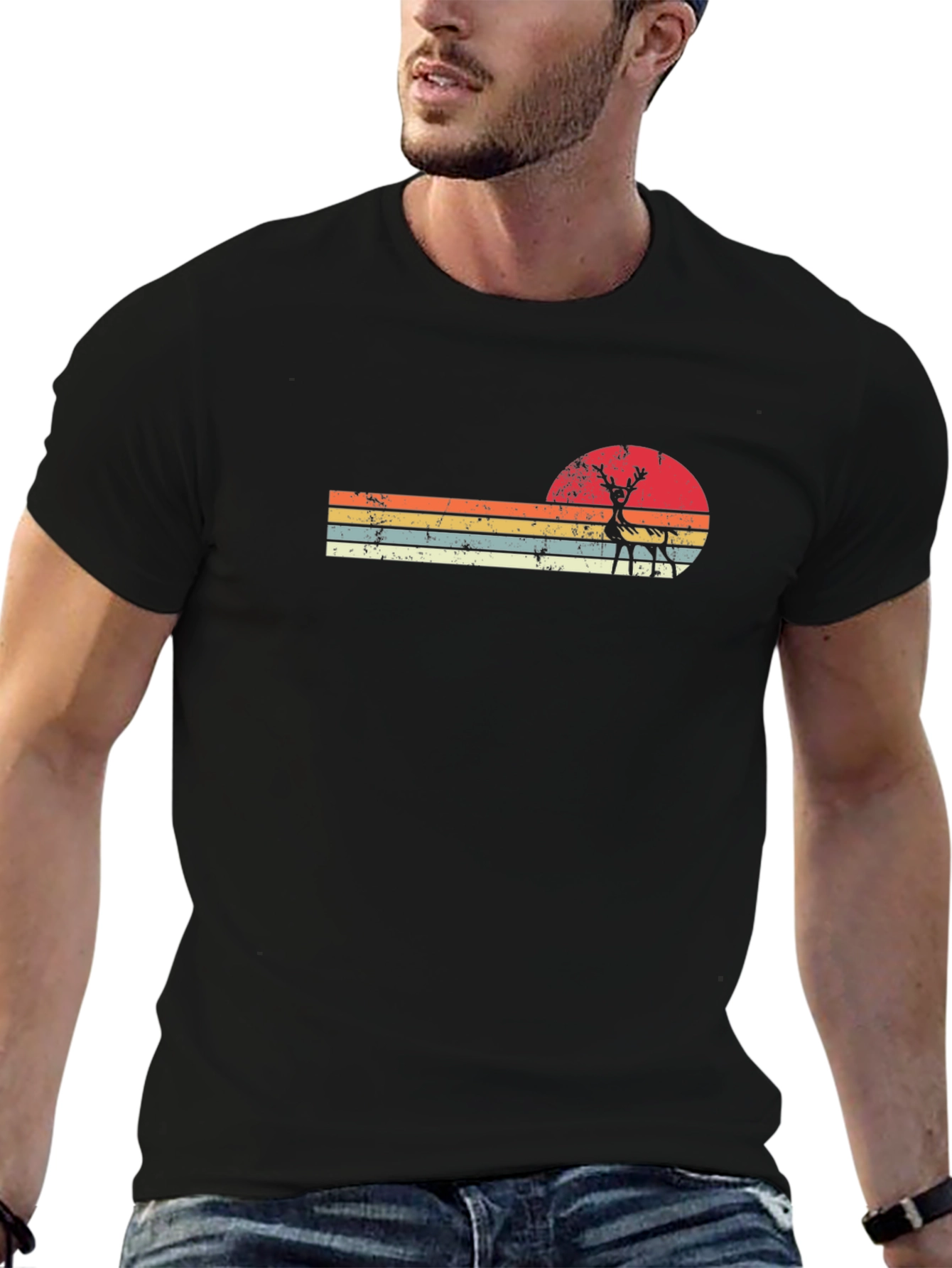 Retro Sunset Deer Graphic Tee - Black