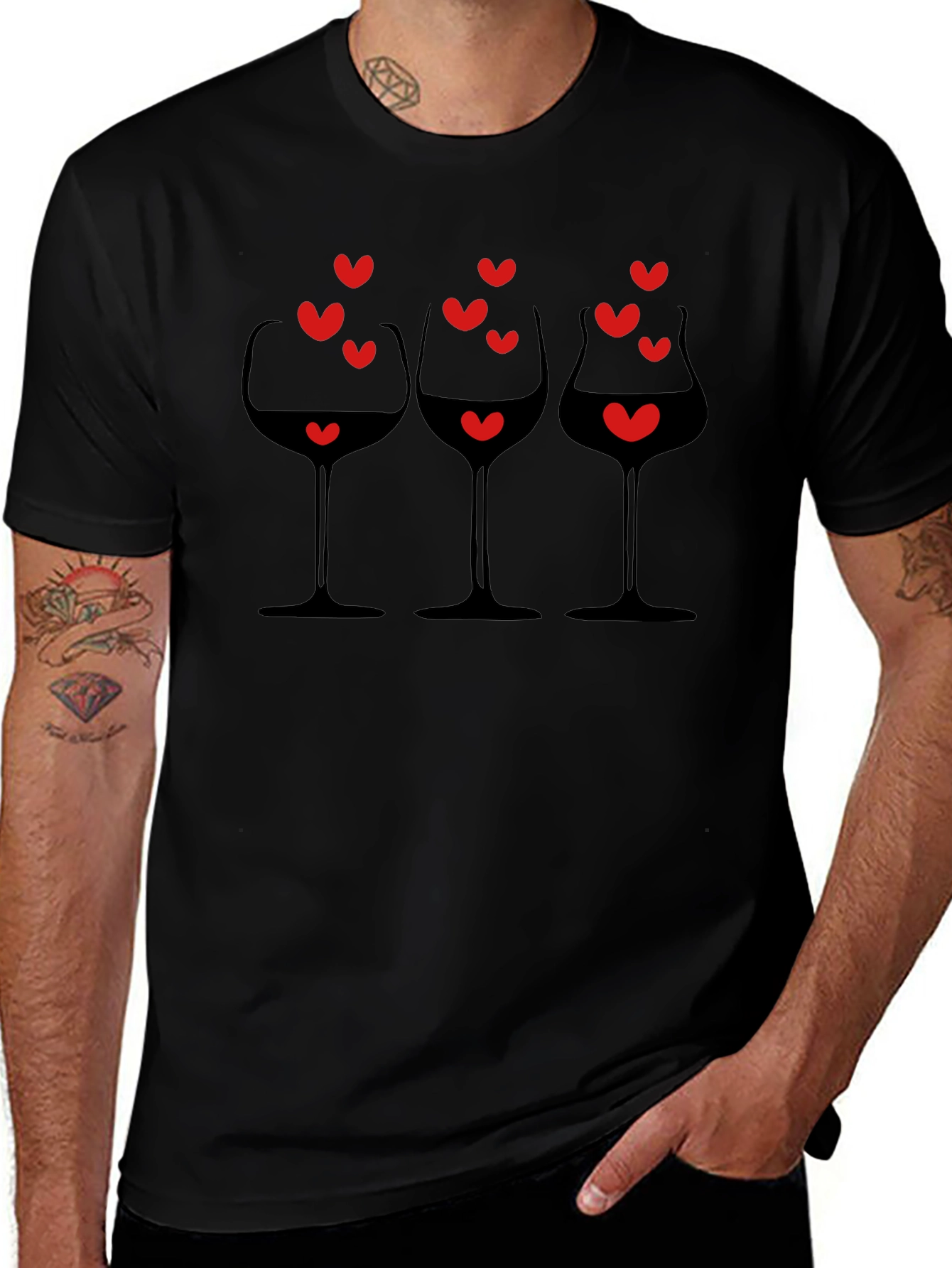 Wine Glasses & Hearts Graphic Black T-Shirt