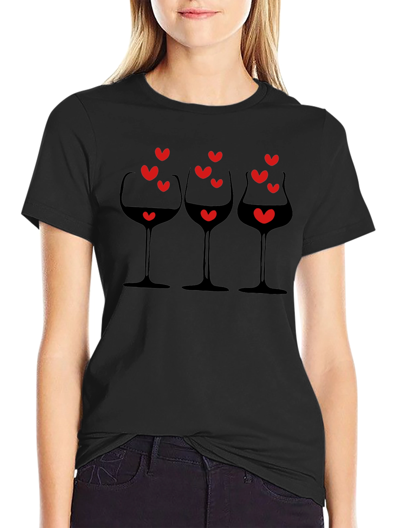 Wine Glasses & Hearts Graphic Black T-Shirt