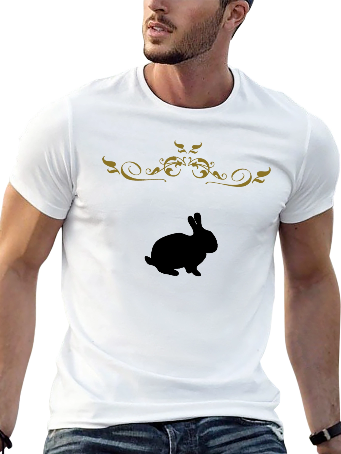Black T-Shirt with Bunny & Floral Design