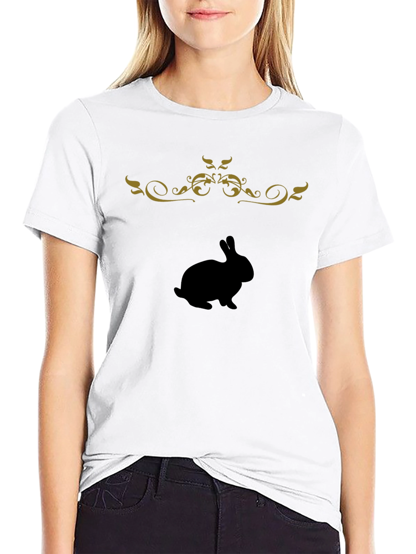 Black T-Shirt with Bunny & Floral Design