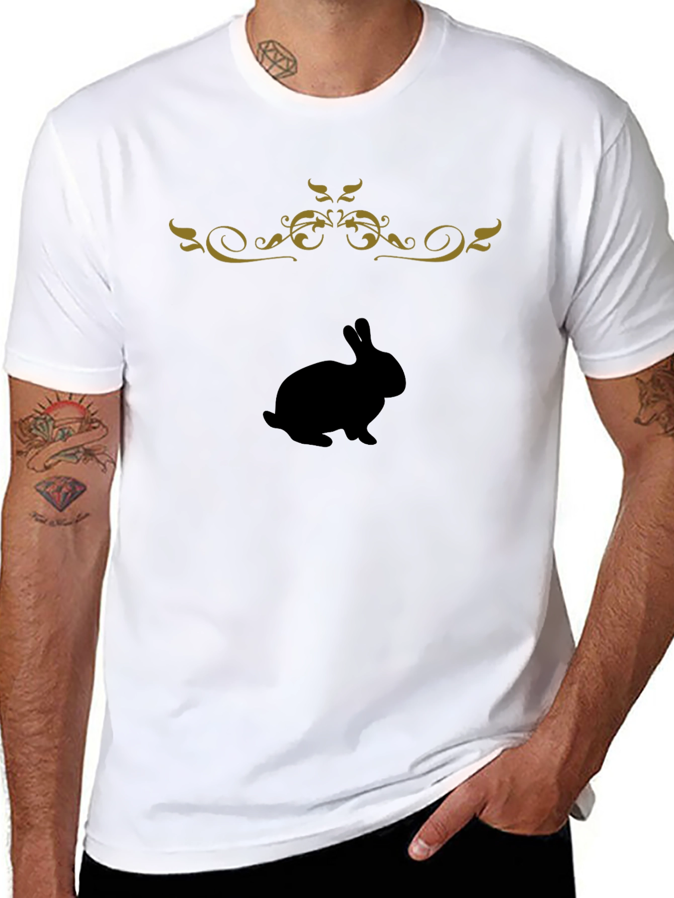 Black T-Shirt with Bunny & Floral Design