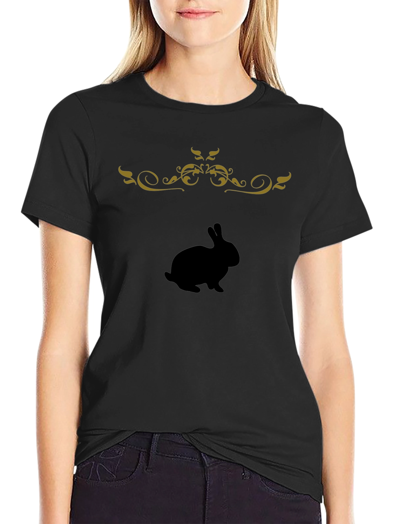 Black T-Shirt with Bunny & Floral Design