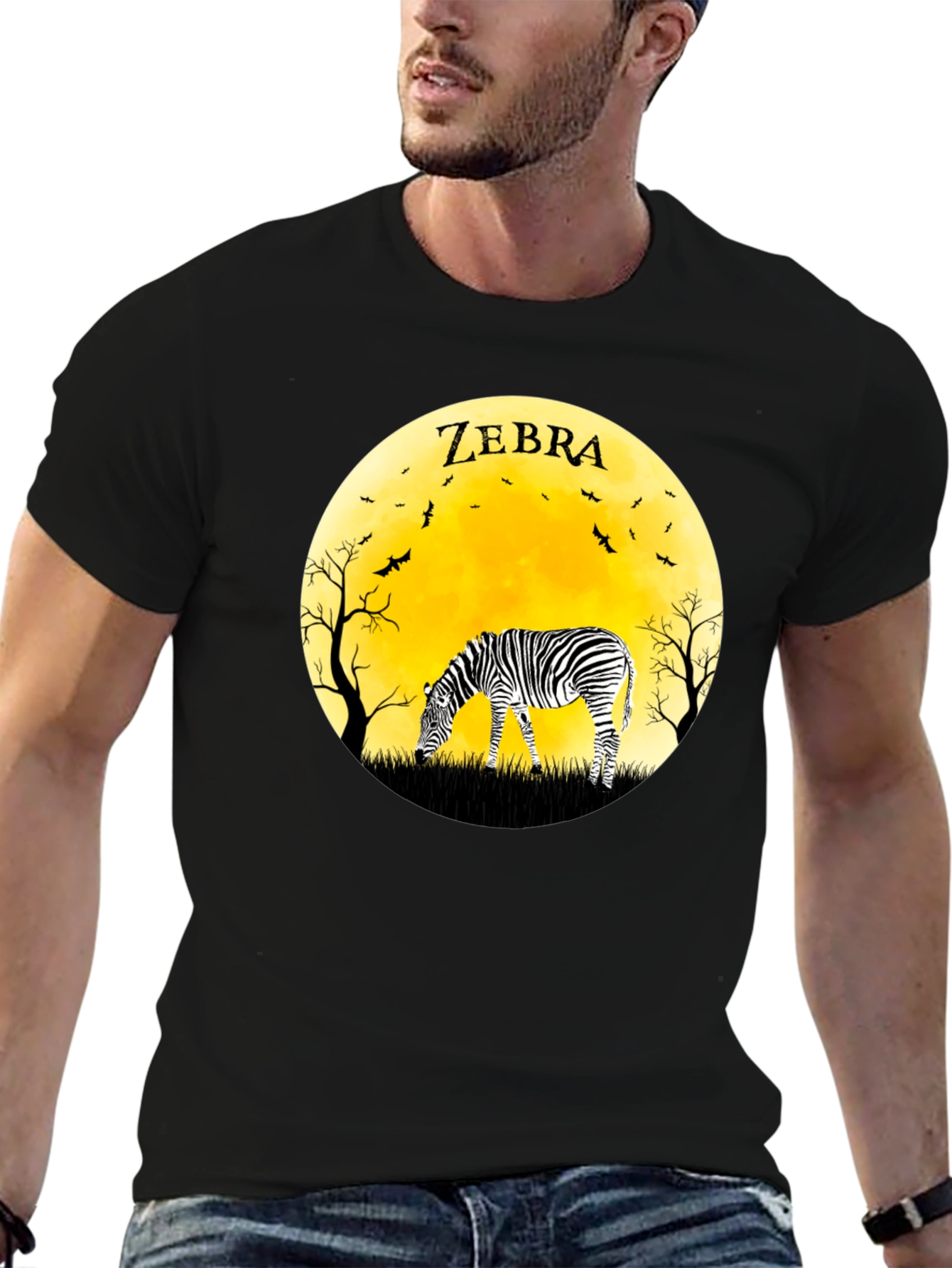Zebra Moon Graphic Tee - Black Cotton T-Shirt