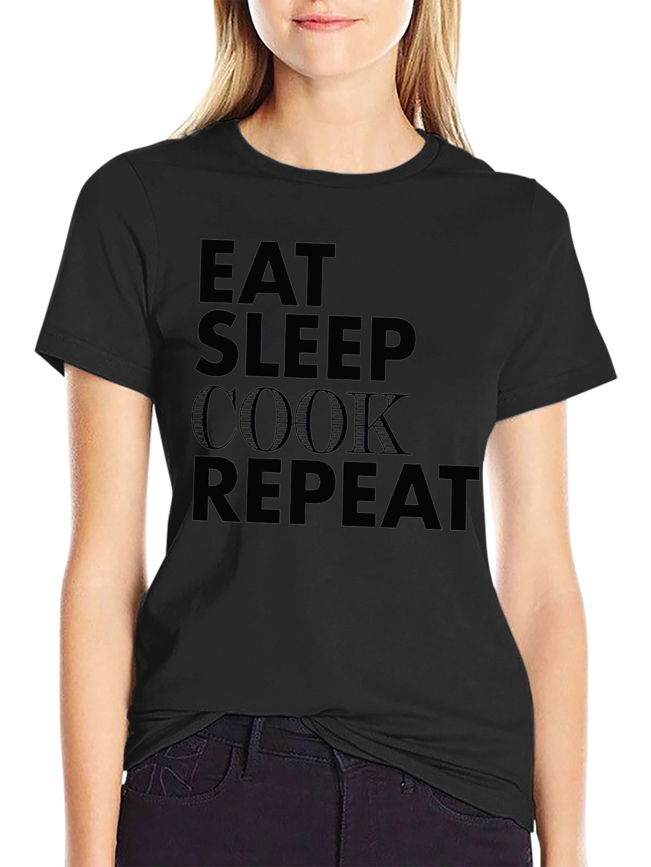 Eat Sleep Cook Repeat Black Crew Neck T-Shirt