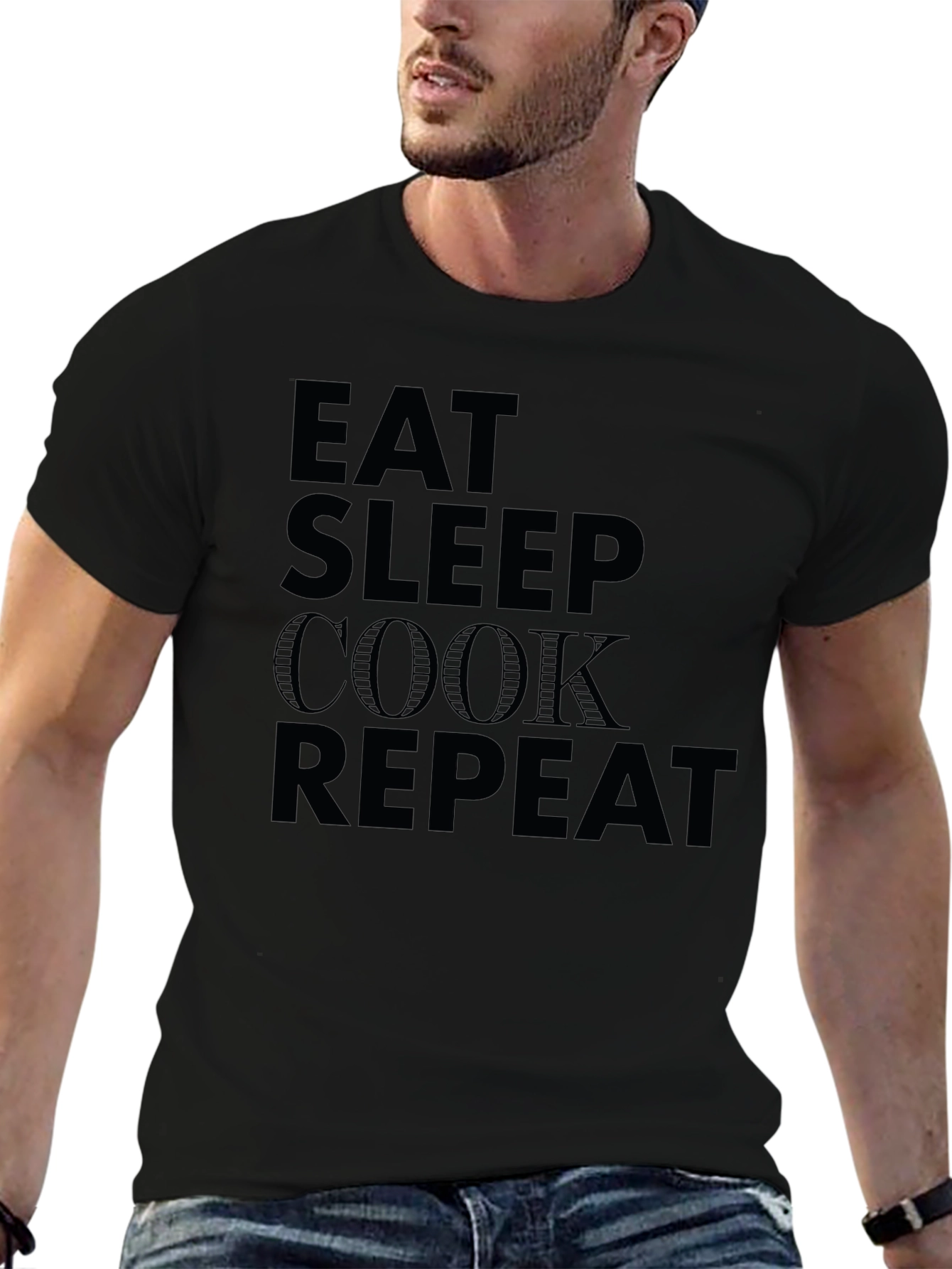 Eat Sleep Cook Repeat Black Crew Neck T-Shirt