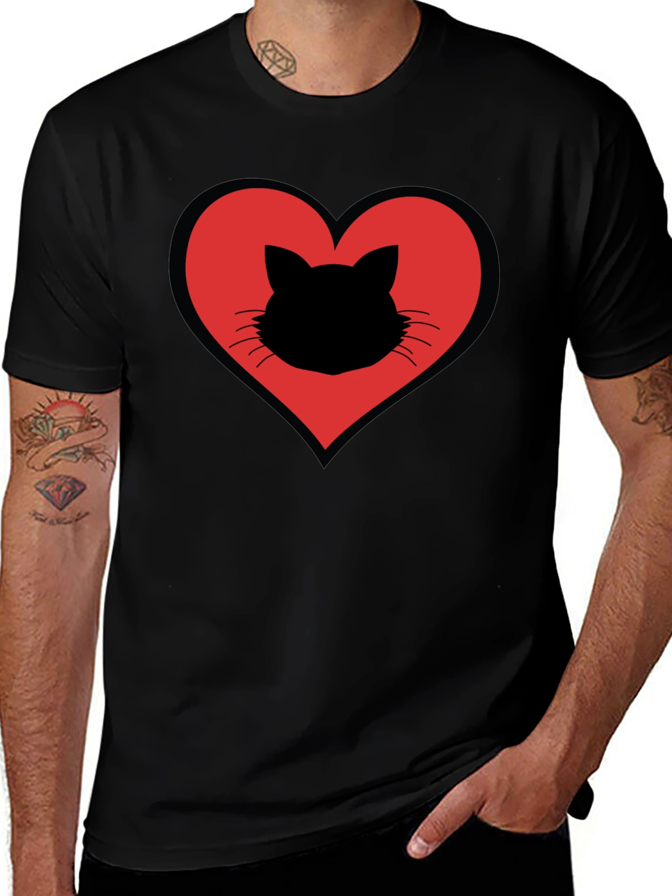 Cat Heart T-Shirt - Stylish Black Cotton Tee