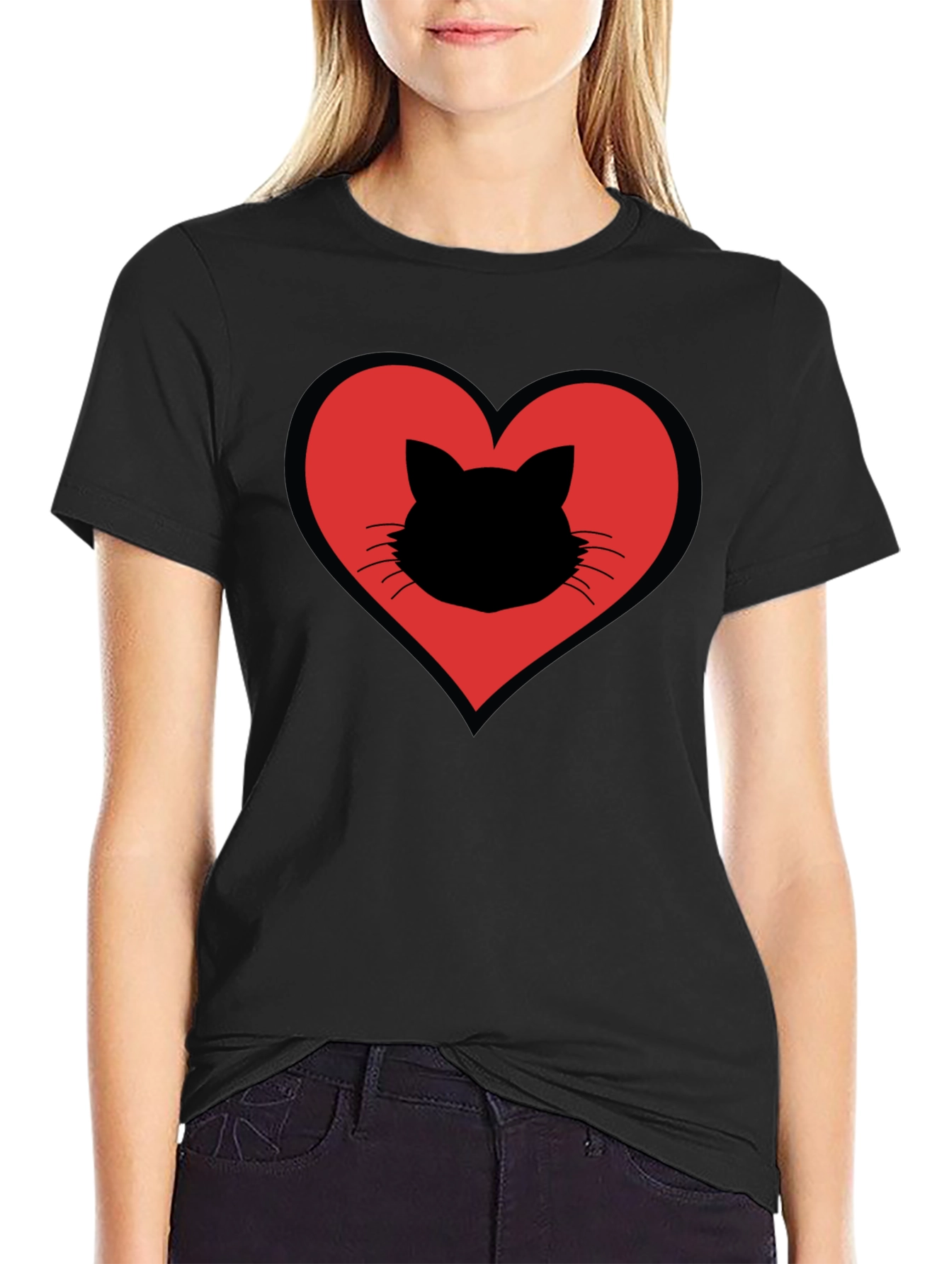 Cat Heart T-Shirt - Stylish Black Cotton Tee