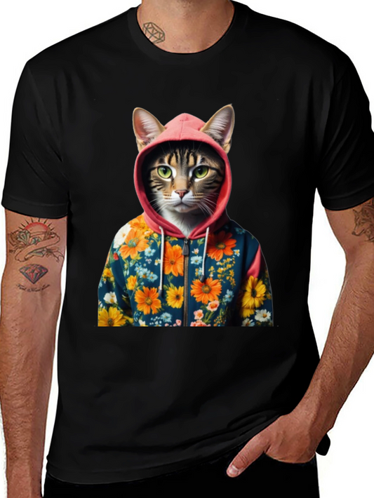 Cat in Floral Hoodie T-Shirt