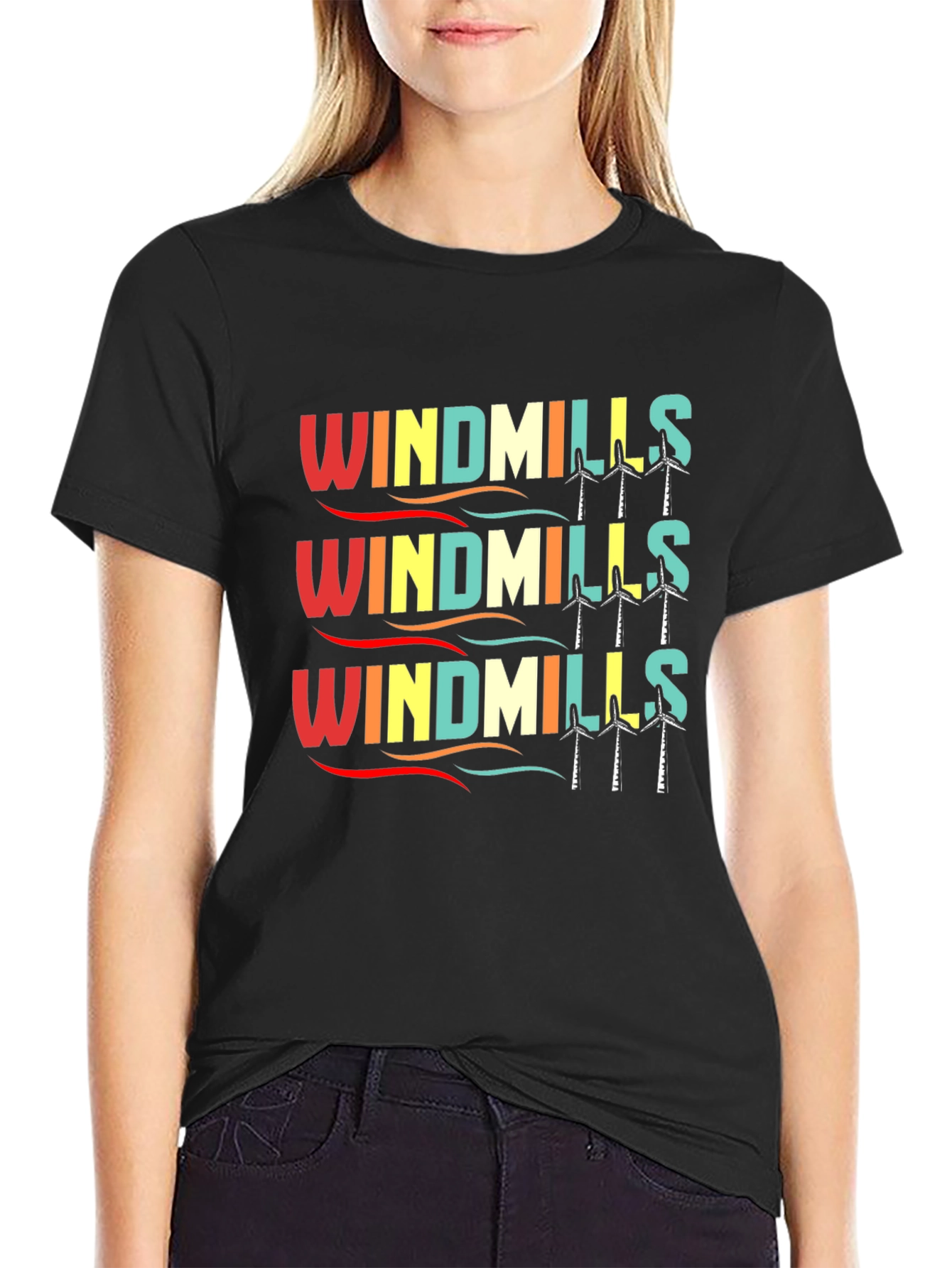 Retro Windmills Graphic T-Shirt - Black