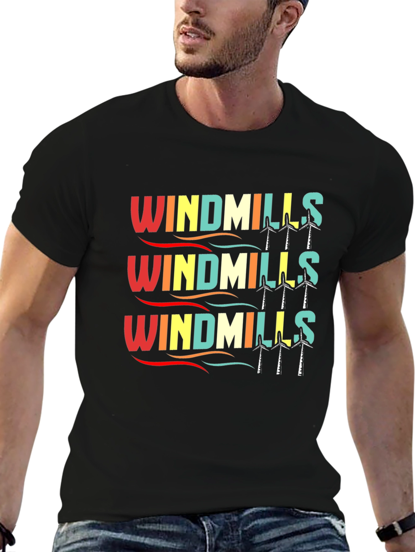 Retro Windmills Graphic T-Shirt - Black