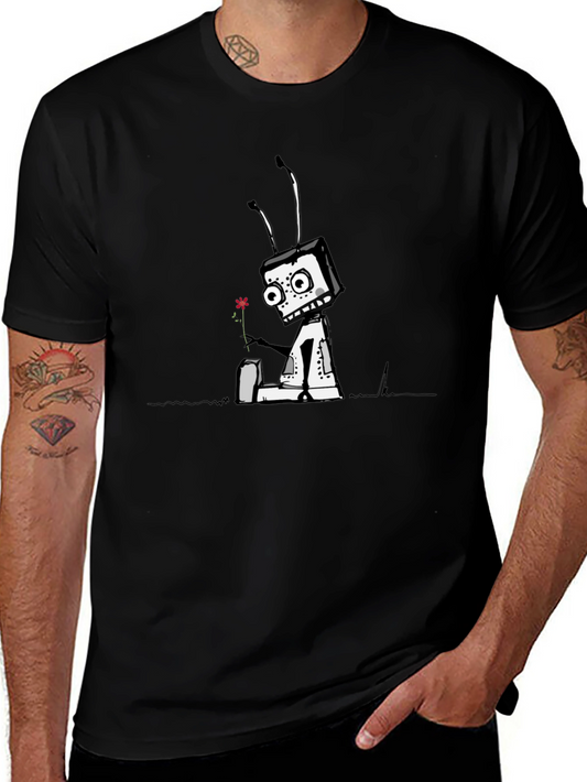 Robot with Flower Graphic Tee - Black