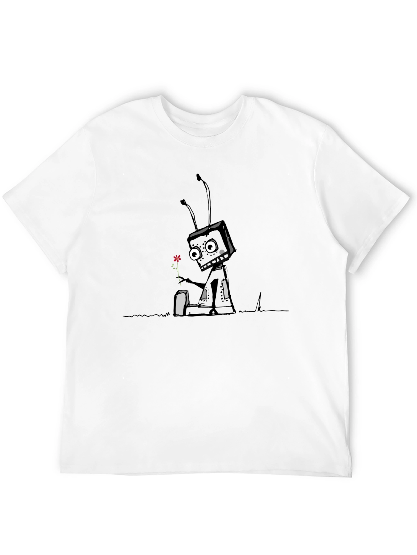 Robot with Flower Graphic Tee - Black