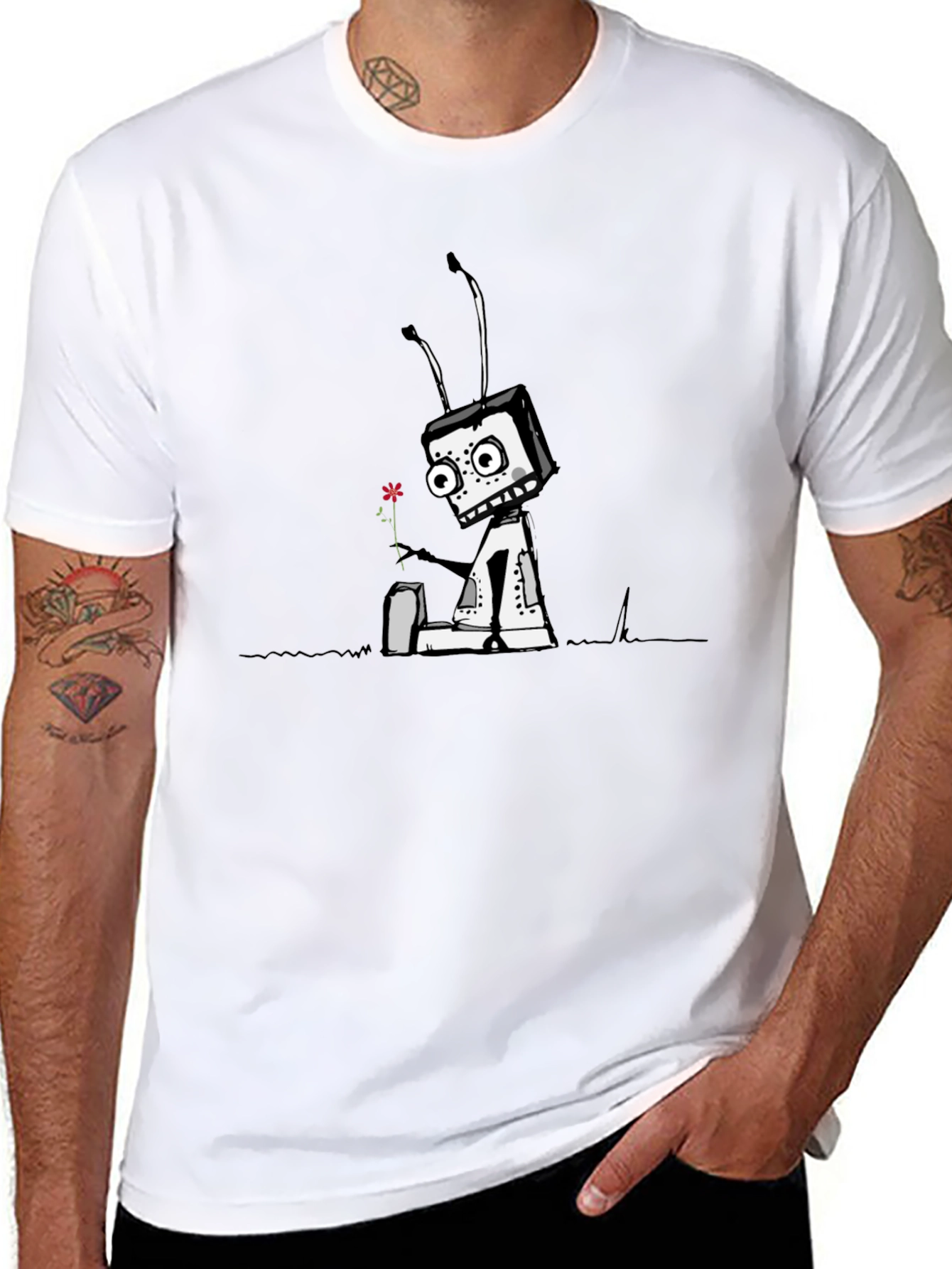 Robot with Flower Graphic Tee - Black