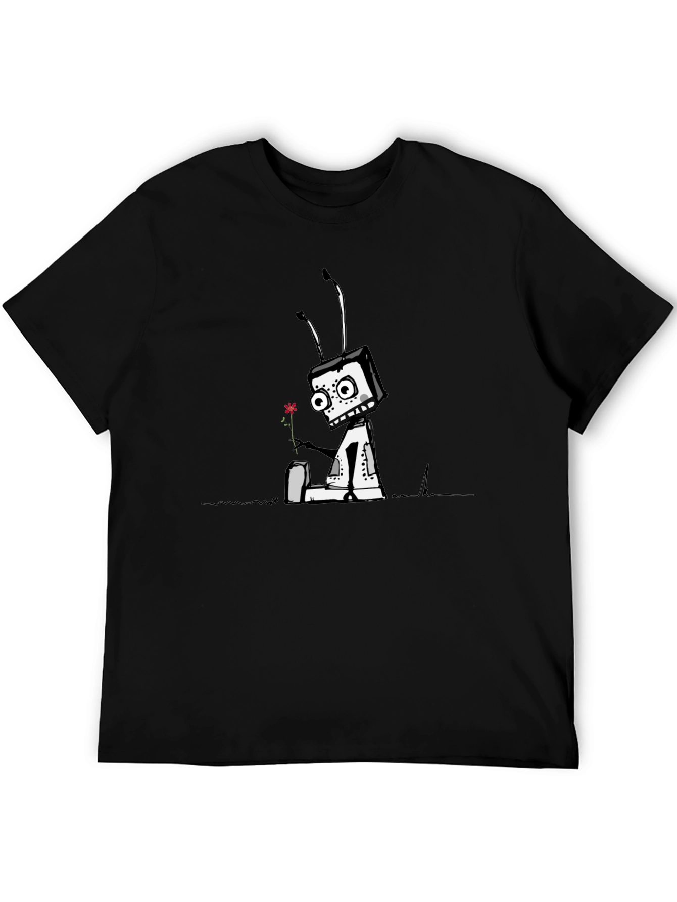 Robot with Flower Graphic Tee - Black