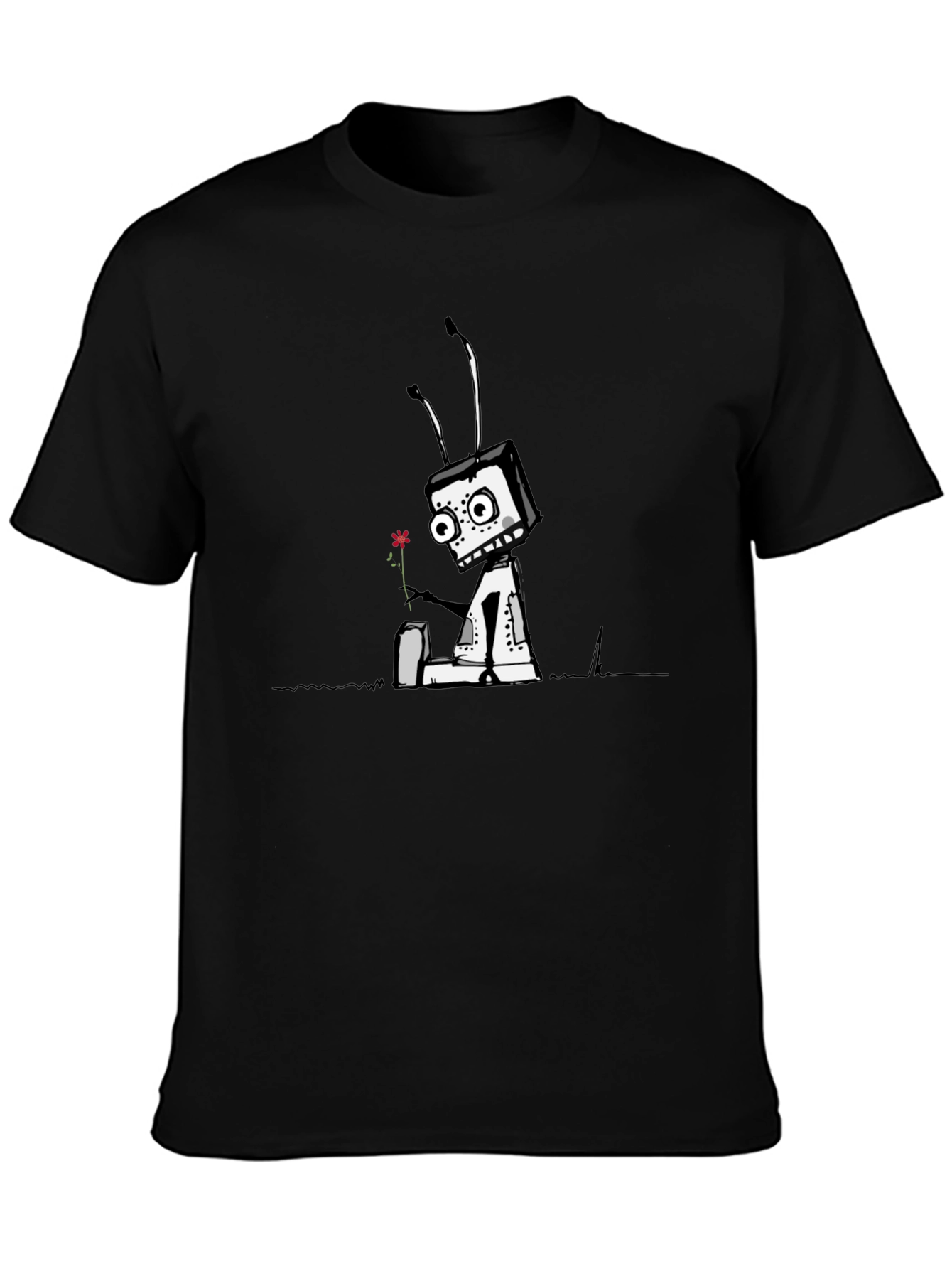 Robot with Flower Graphic Tee - Black