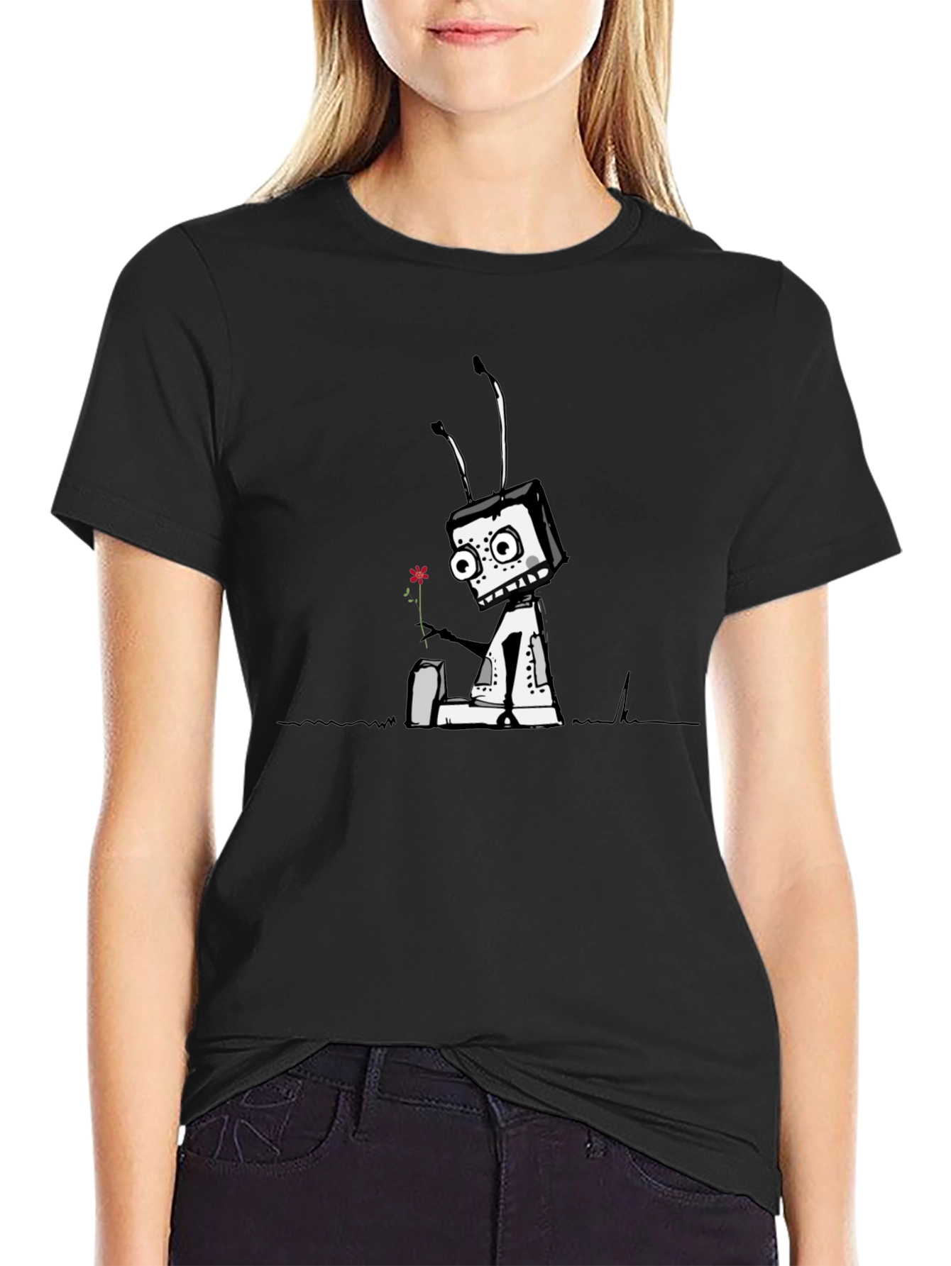 Robot with Flower Graphic Tee - Black