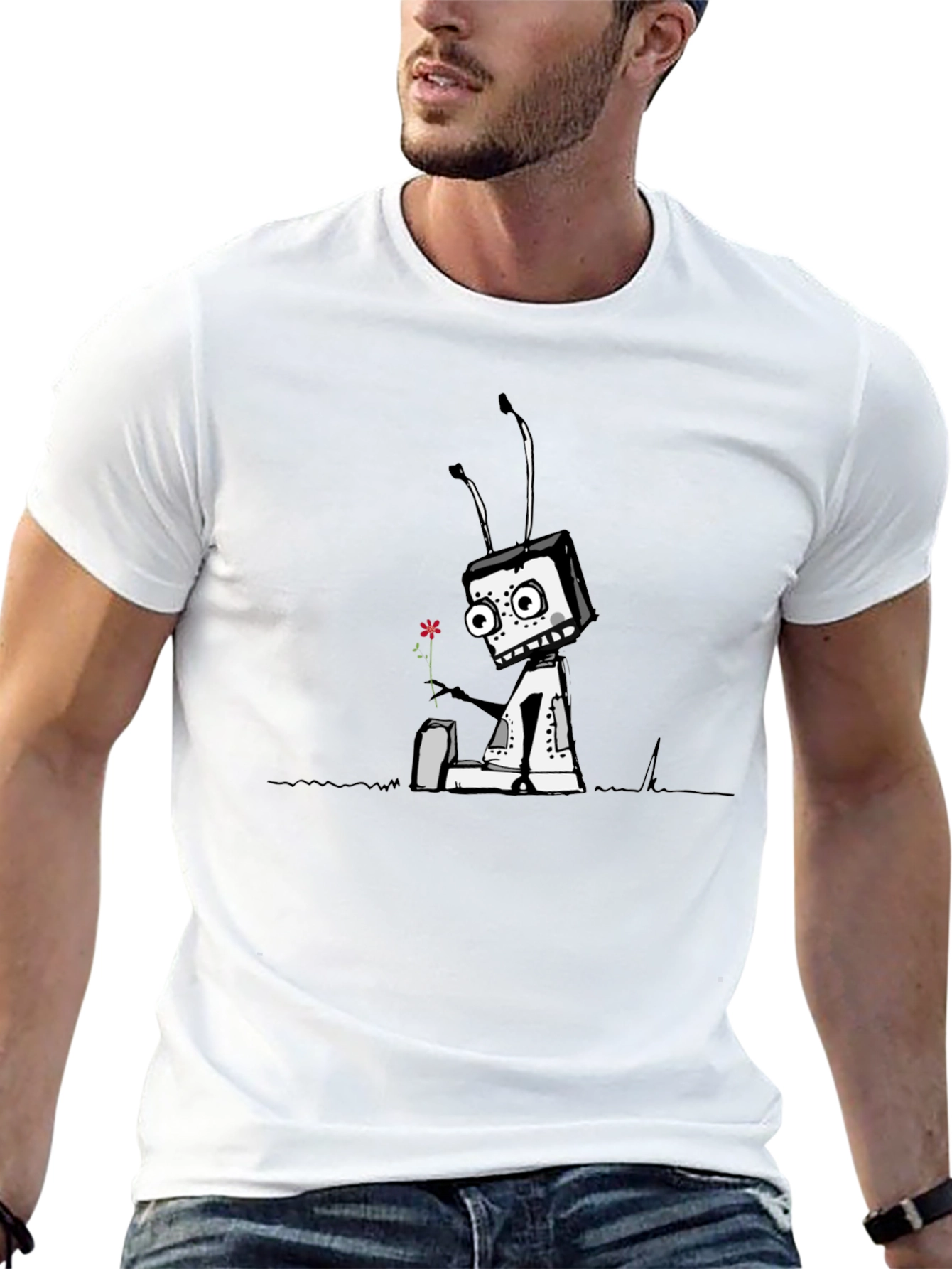 Robot with Flower Graphic Tee - Black