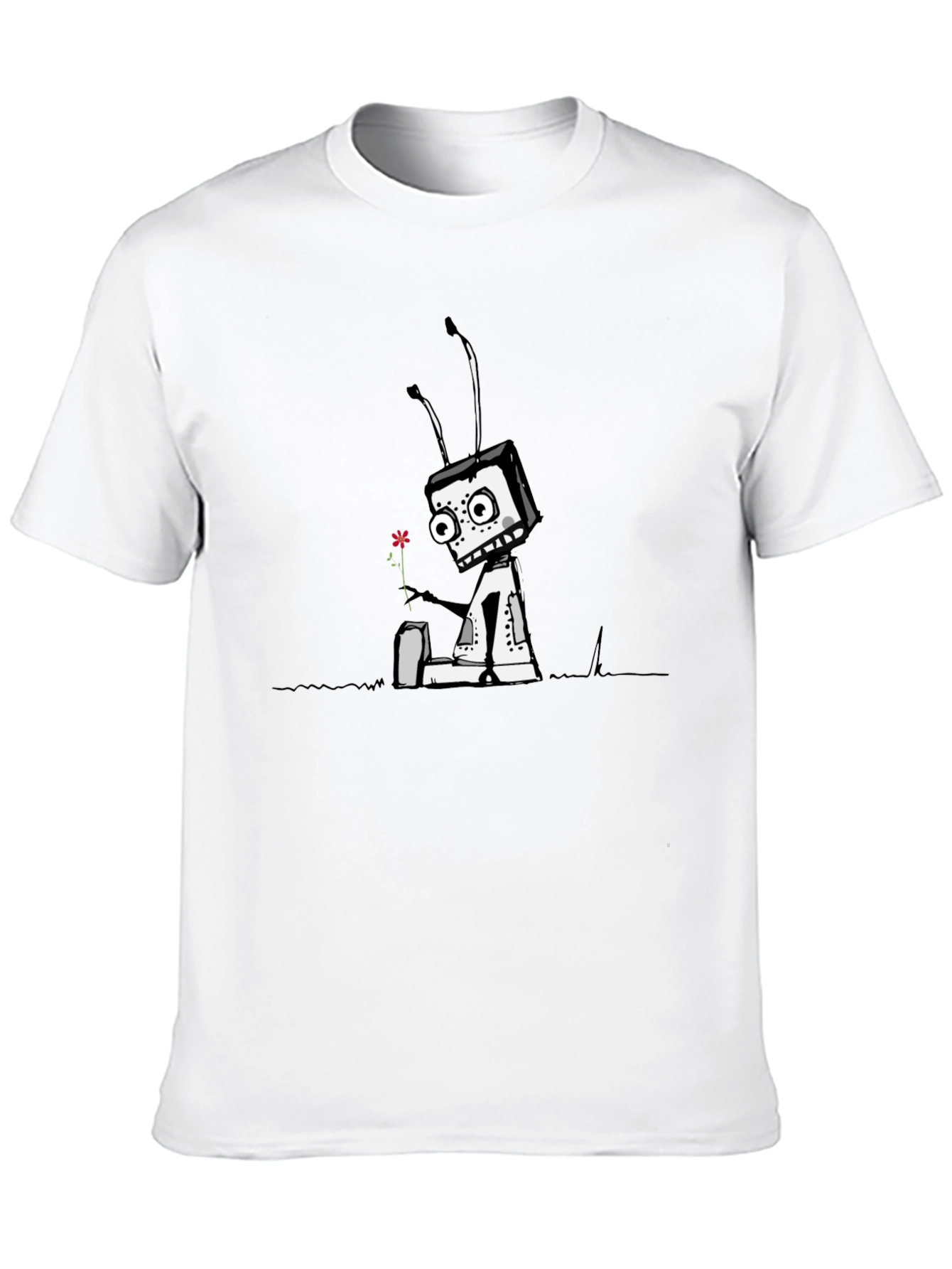 Robot with Flower Graphic Tee - Black