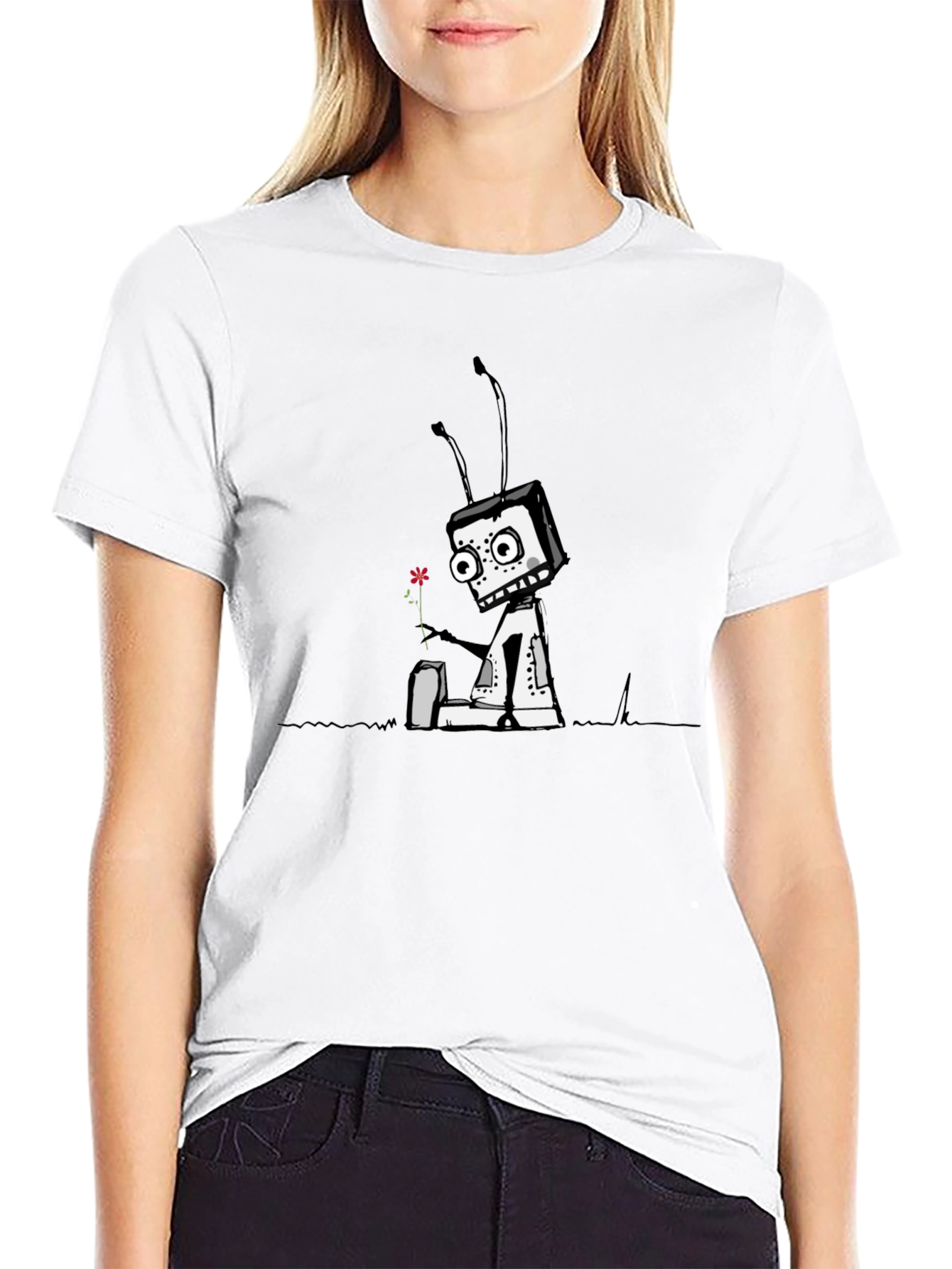 Robot with Flower Graphic Tee - Black