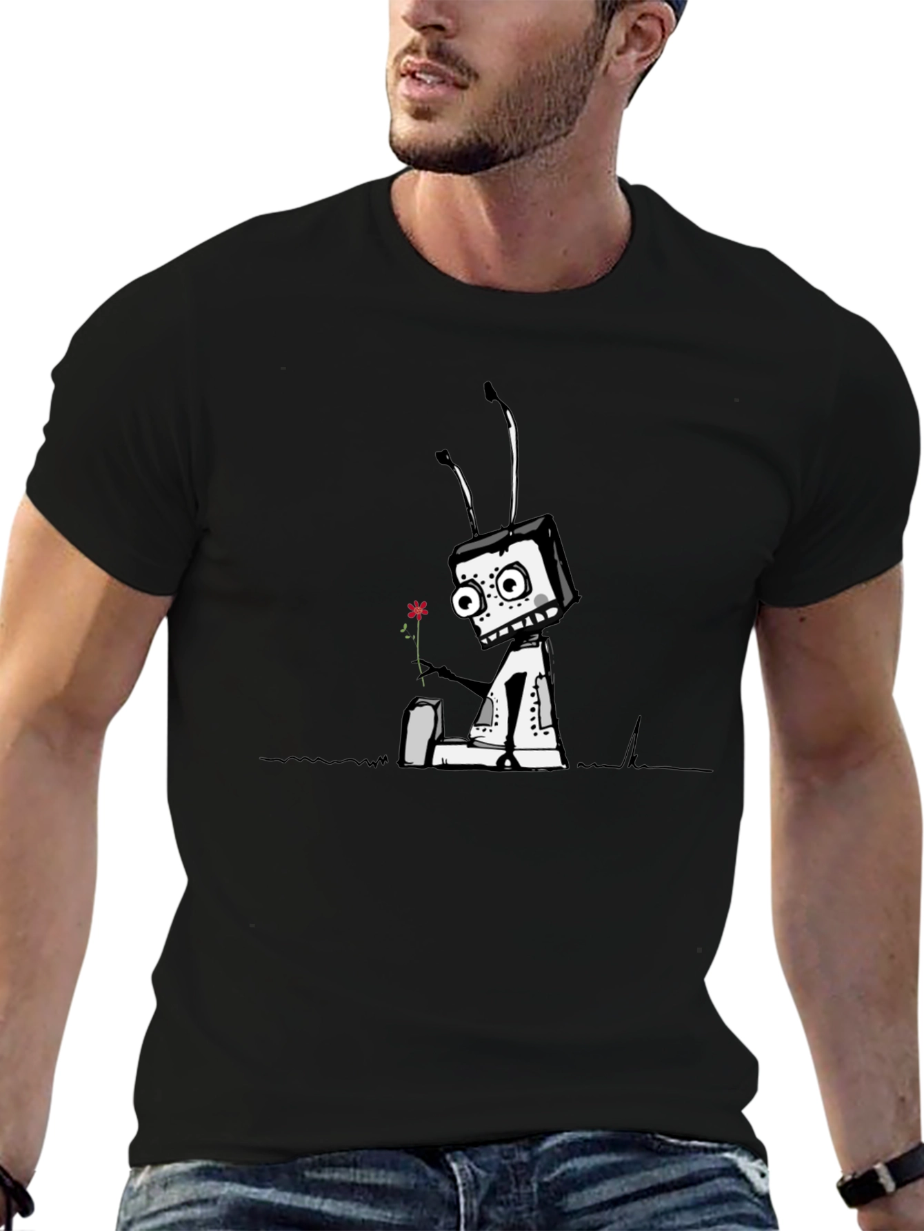 Robot with Flower Graphic Tee - Black